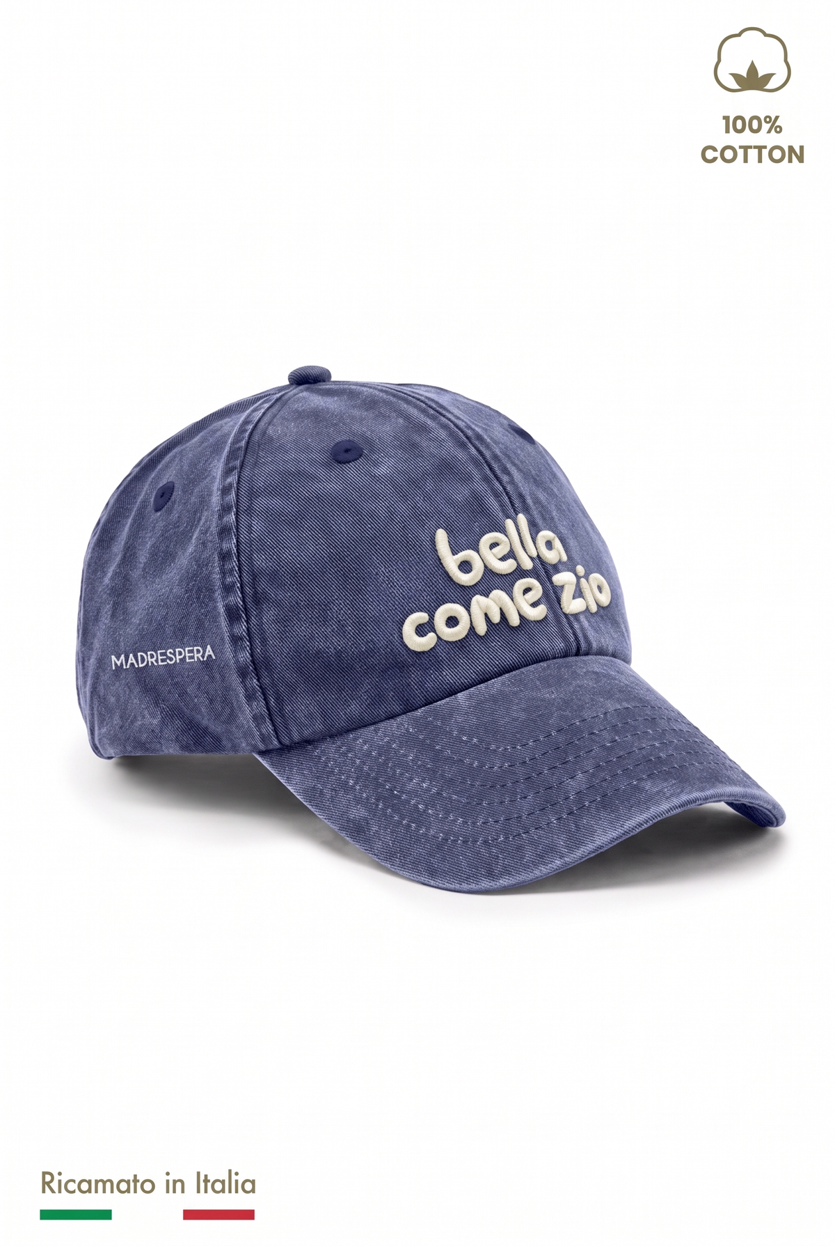 Cappellino vintage bambina blu navy con ricamo panna "Bella come zio" - vista laterale con logo MADRESPERA