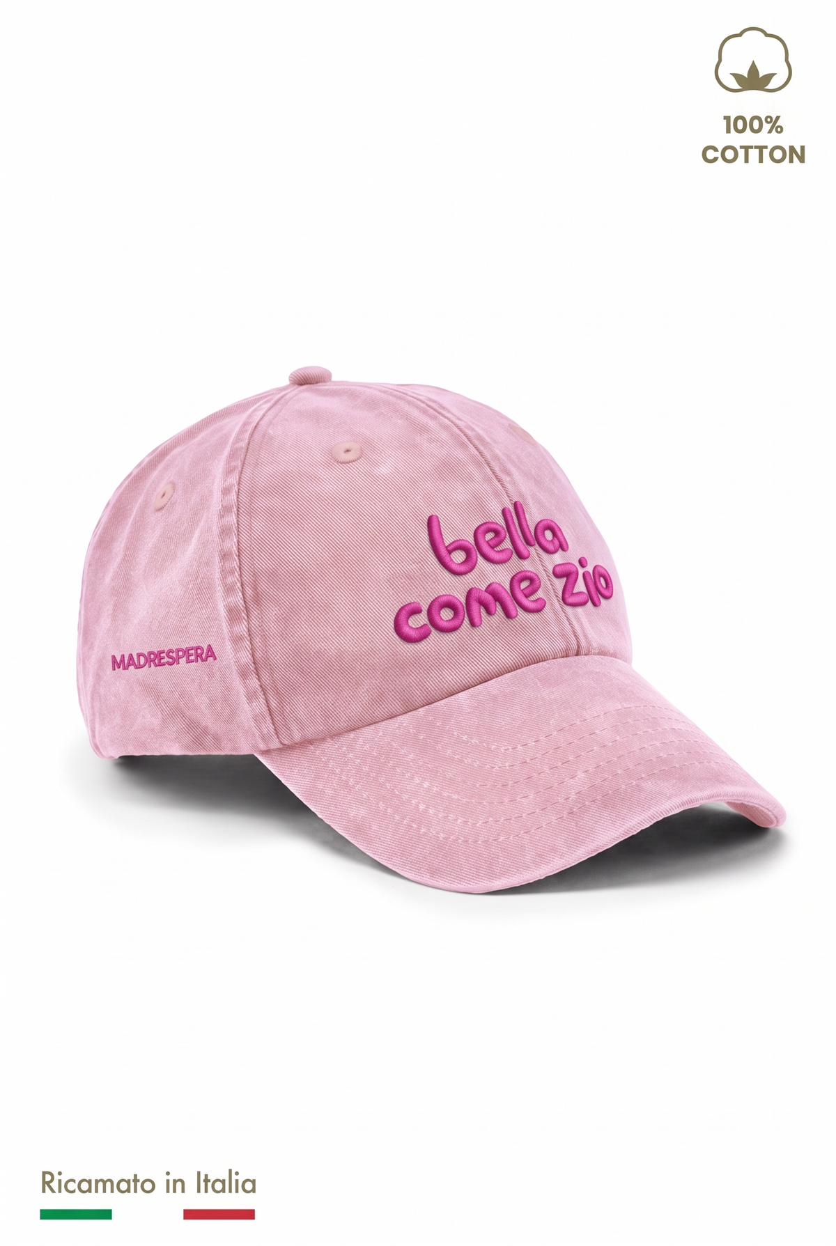 Cappellino vintage bambina rosa con ricamo fucsia "Bella come zio" - vista laterale con logo MADRESPERA