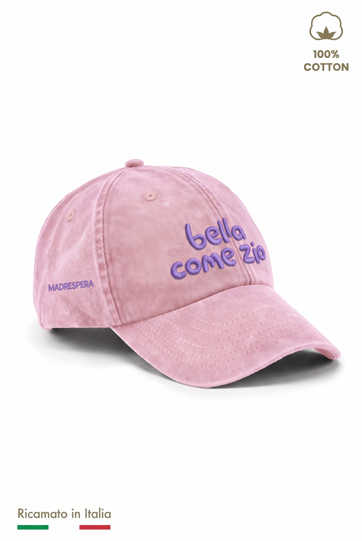 Cappellino vintage bambina rosa con ricamo lilla "Bella come zio" - vista laterale con logo MADRESPERA