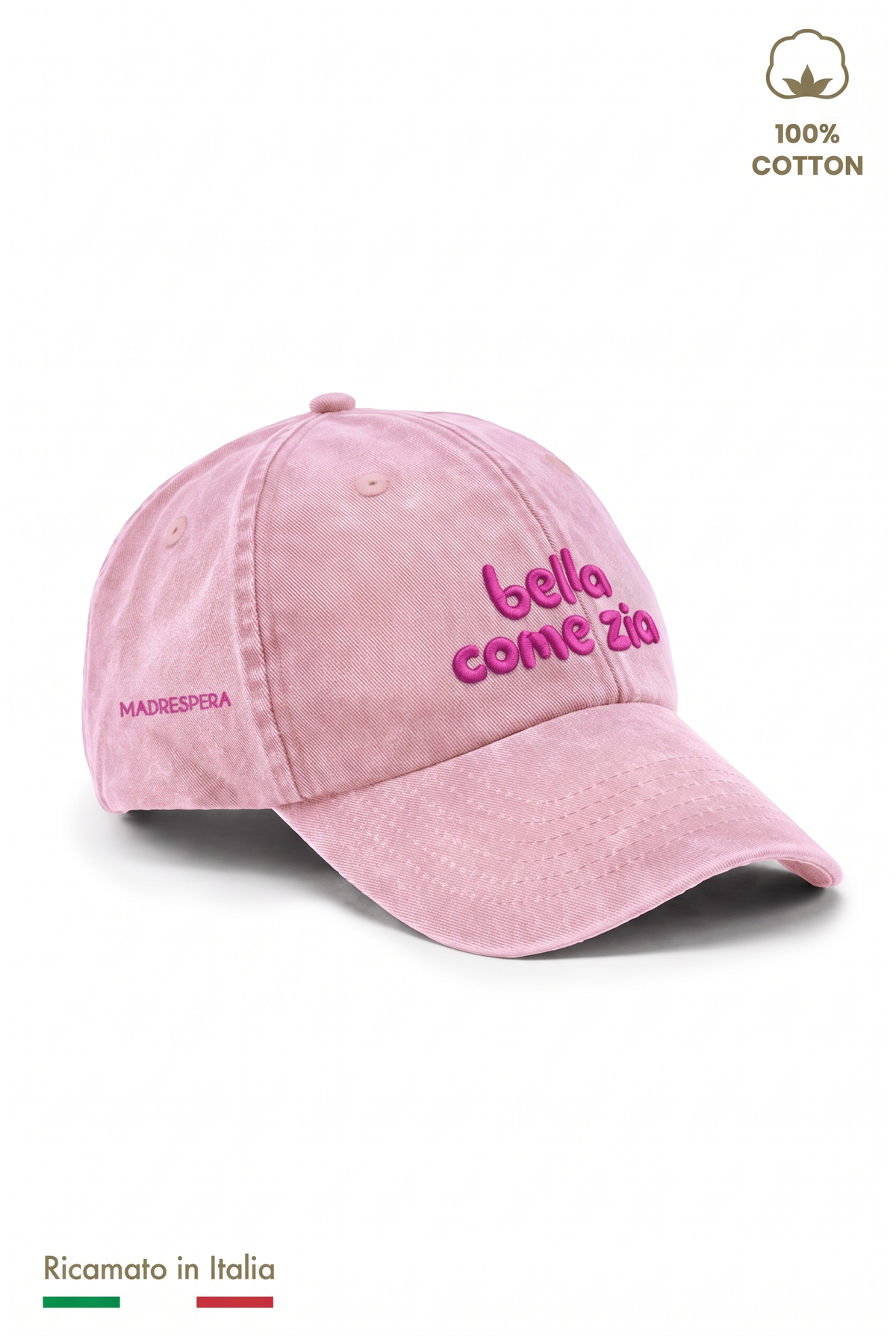 Cappellino vintage bambina rosa con ricamo fucsia "Bella come zia" - vista laterale con logo MADRESPERA