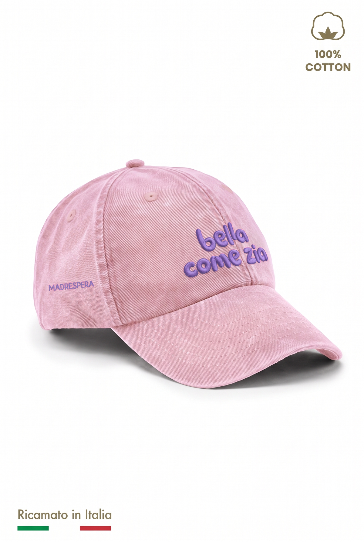 Cappellino vintage bambina rosa con ricamo lilla "Bella come zia" - vista laterale con logo MADRESPERA