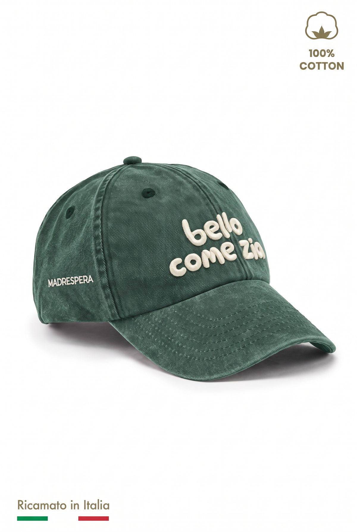 Cappellino vintage bambino verde con ricamo panna "Bello come zia" - vista laterale con logo MADRESPERA