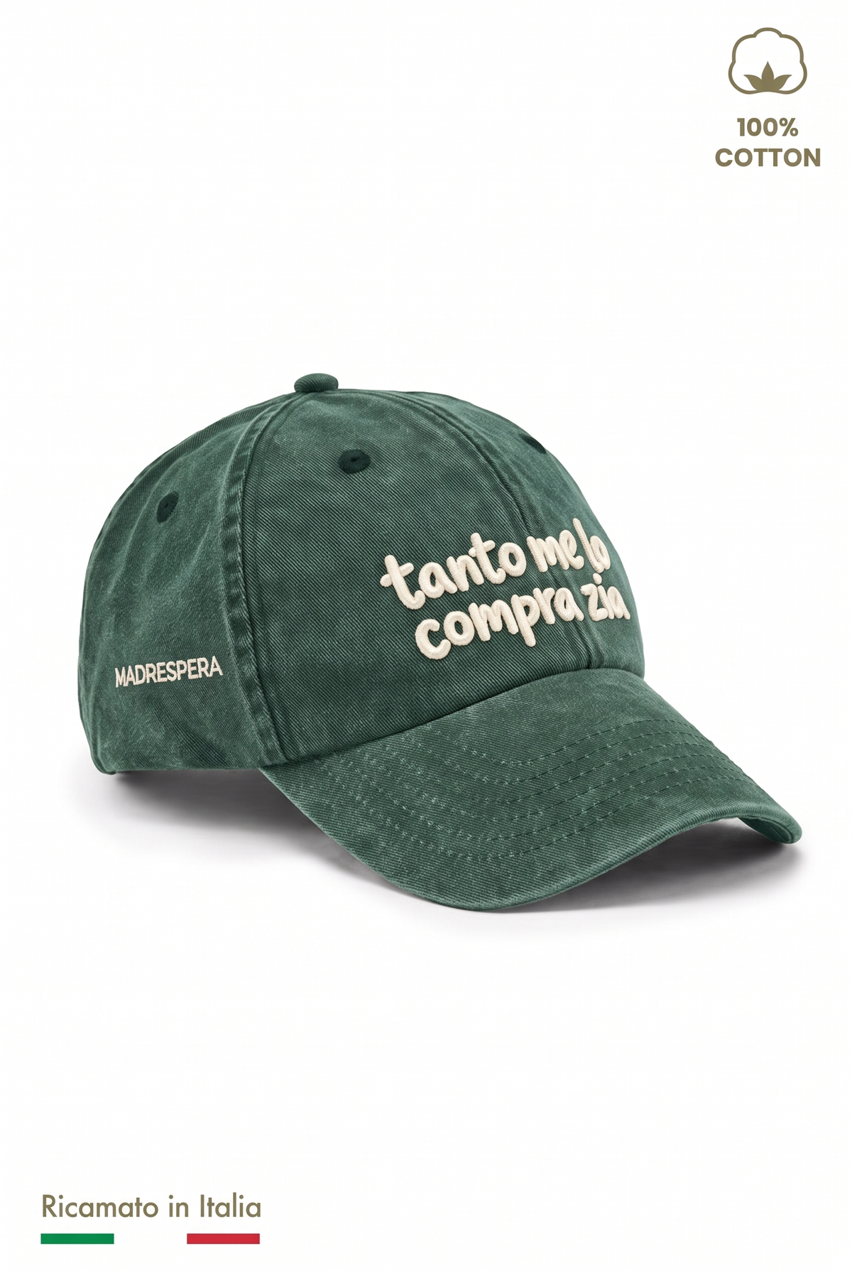 Cappellino vintage bambino verde con ricamo panna "Tanto me lo compra zia" - vista laterale con logo MADRESPERA