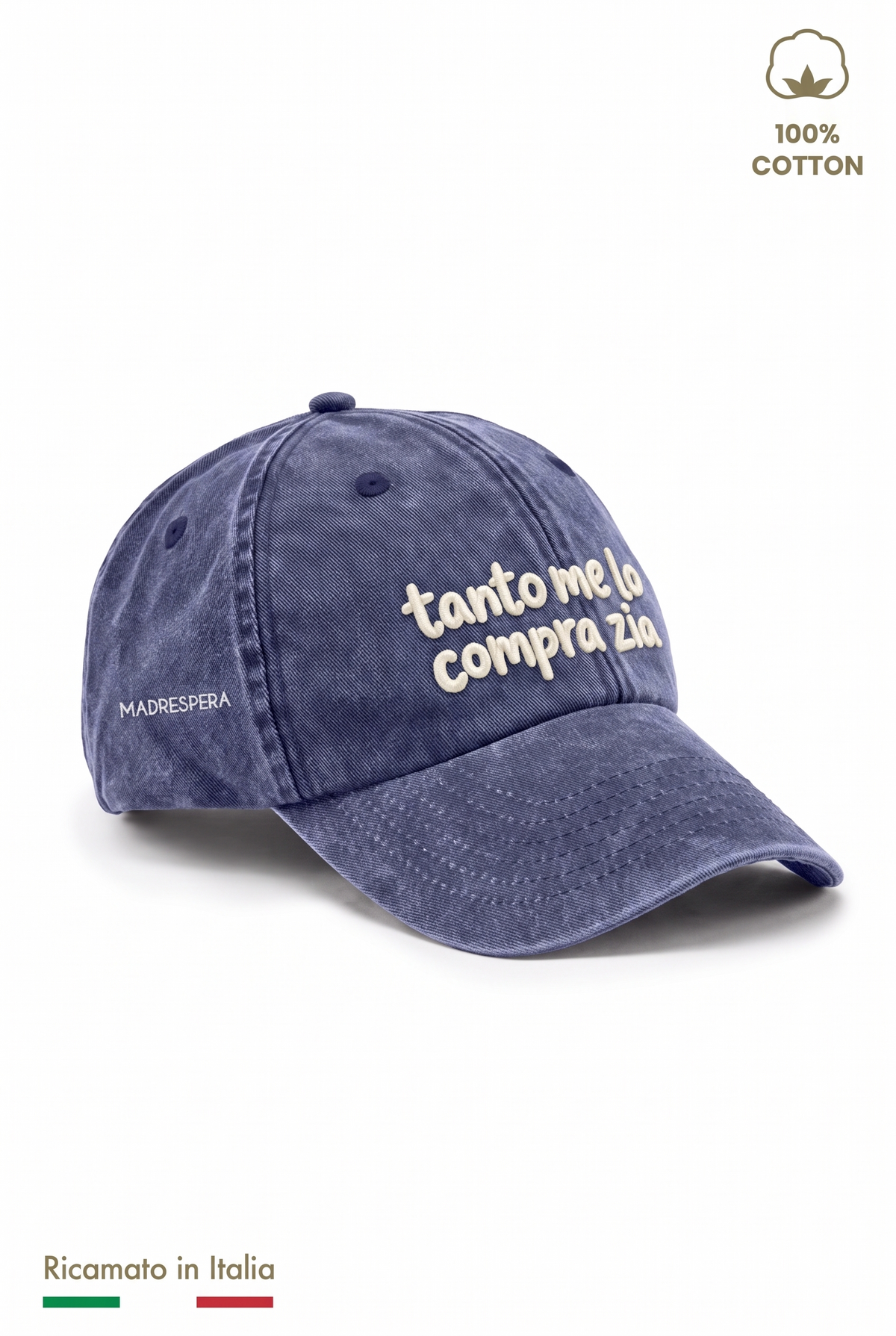 Cappellino vintage bambino blu navy con ricamo panna "Tanto me lo compra zia" - vista laterale con logo MADRESPERA
