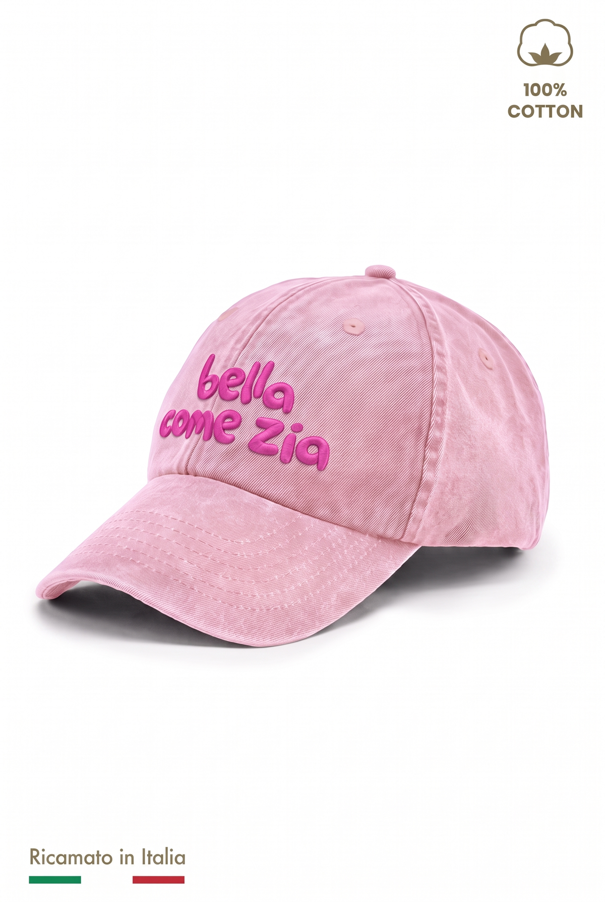 Cappellino vintage bambina rosa con ricamo fucsia "Bella come zia" - vista laterale
