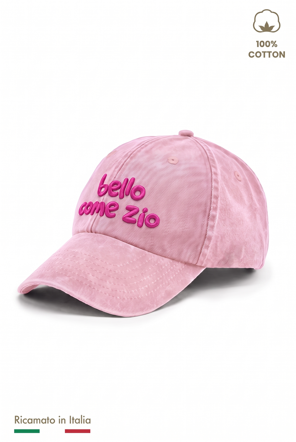 Cappellino vintage bambino rosa con ricamo fucsia "Bello come zio" - vista laterale