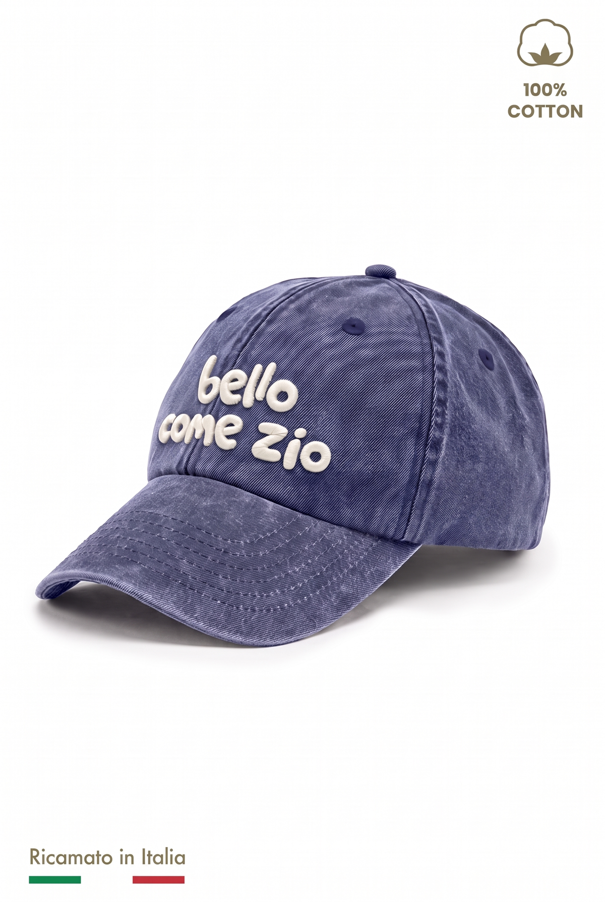 Cappellino vintage bambino blu navy con ricamo panna "Bello come zio" - vista laterale