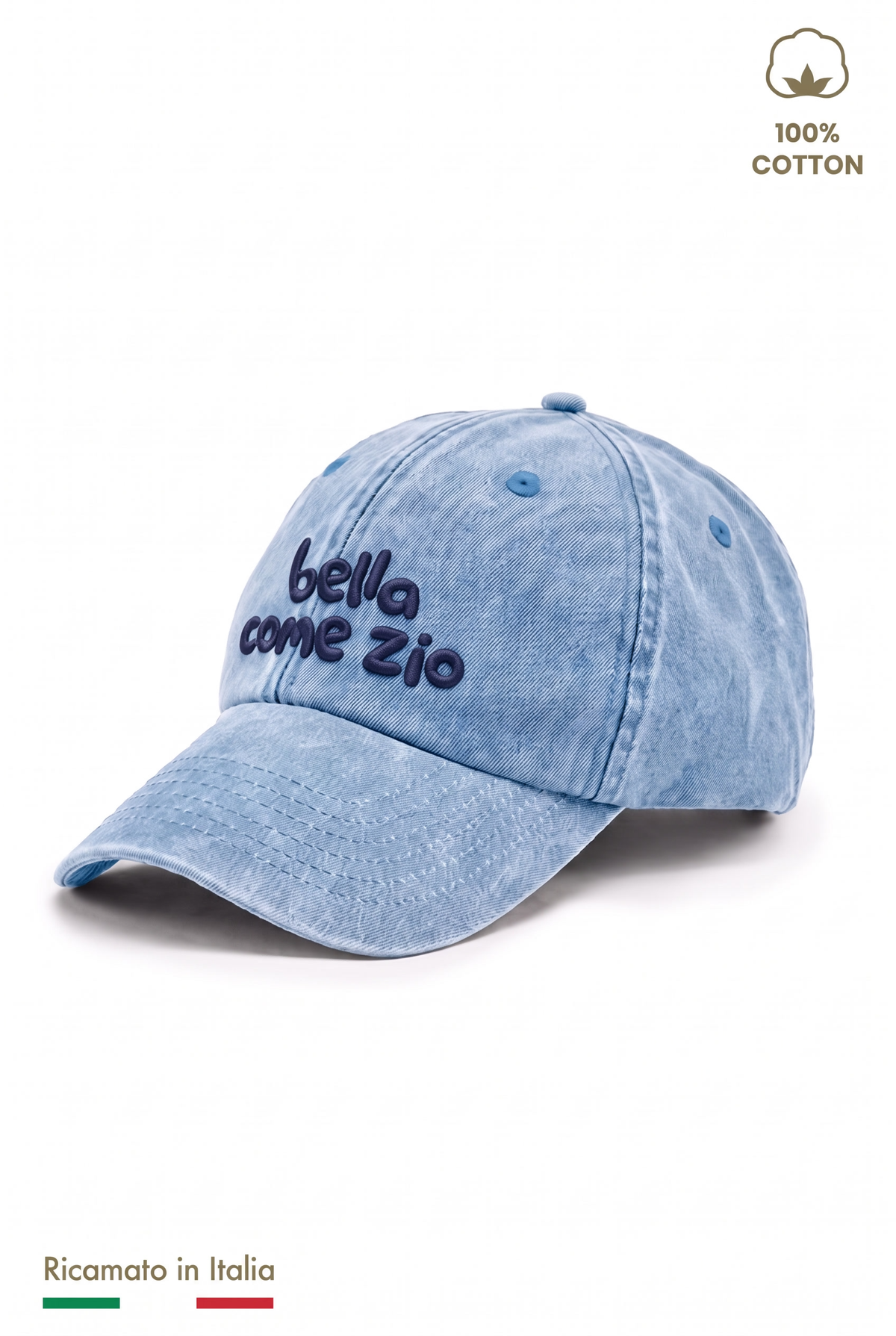 Cappellino vintage bambina azzurro denim con ricamo blu scuro "Bella come zio" - vista laterale