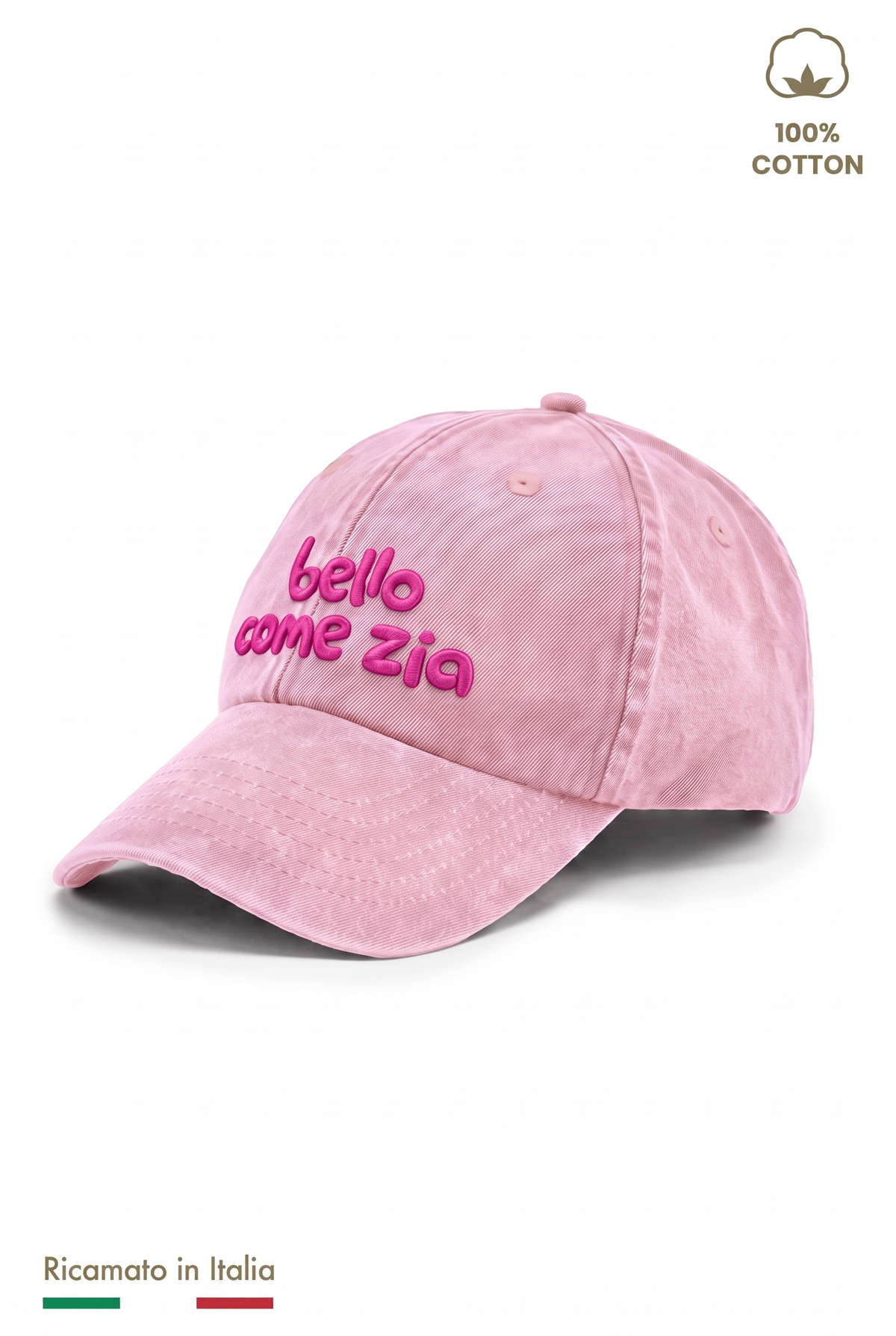 Cappellino vintage bambino rosa con ricamo fucsia "Bello come zia" - vista laterale