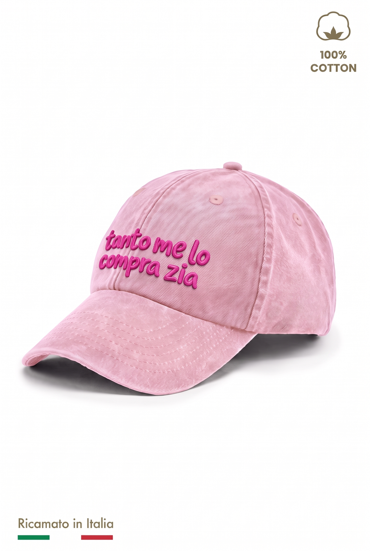 Cappellino vintage bambino rosa con ricamo fucsia "Tanto me lo compra zia" - vista laterale