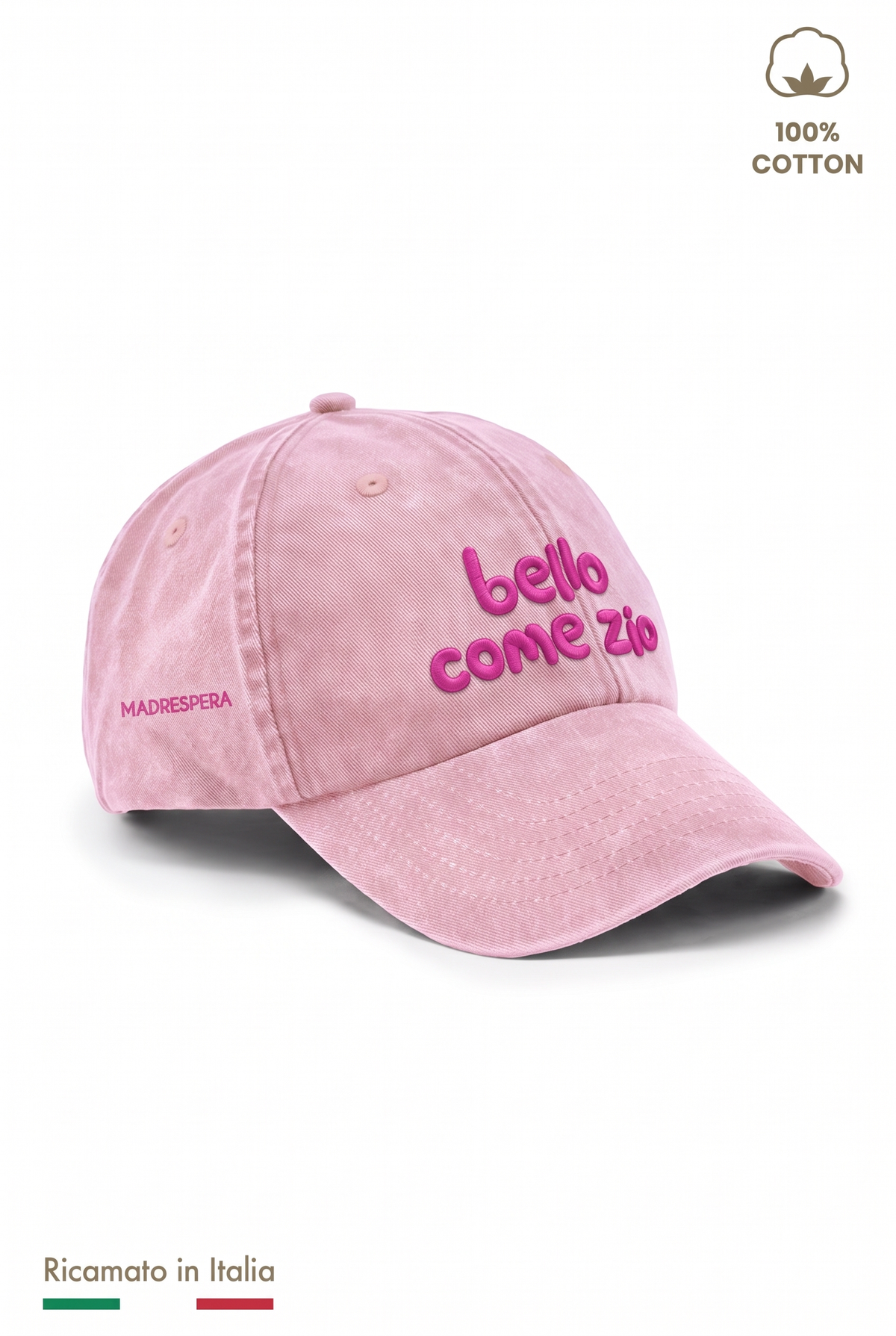 Cappellino vintage bambino rosa con ricamo fucsia "Bello come zio" - vista laterale con logo MADRESPERA