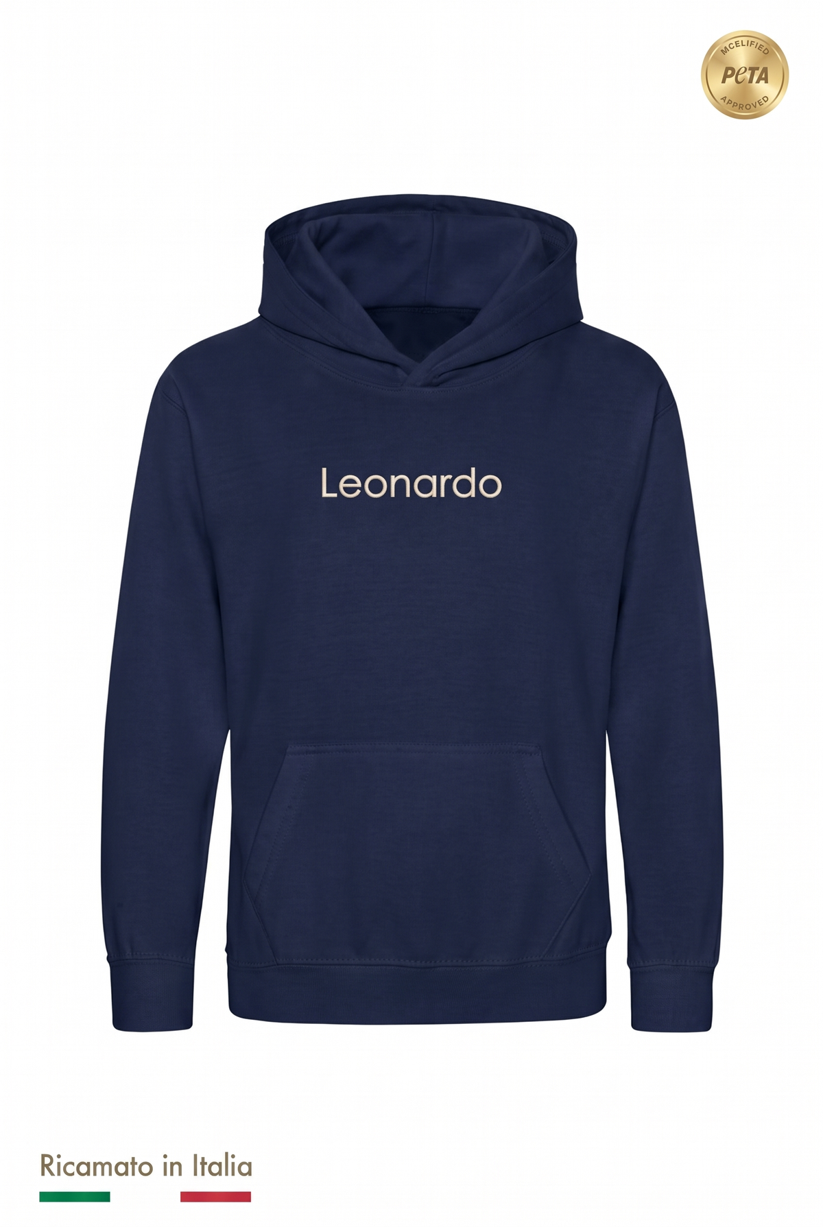 Felpa con cappuccio blu navy con il nome Leonardo ricamato in filo panna