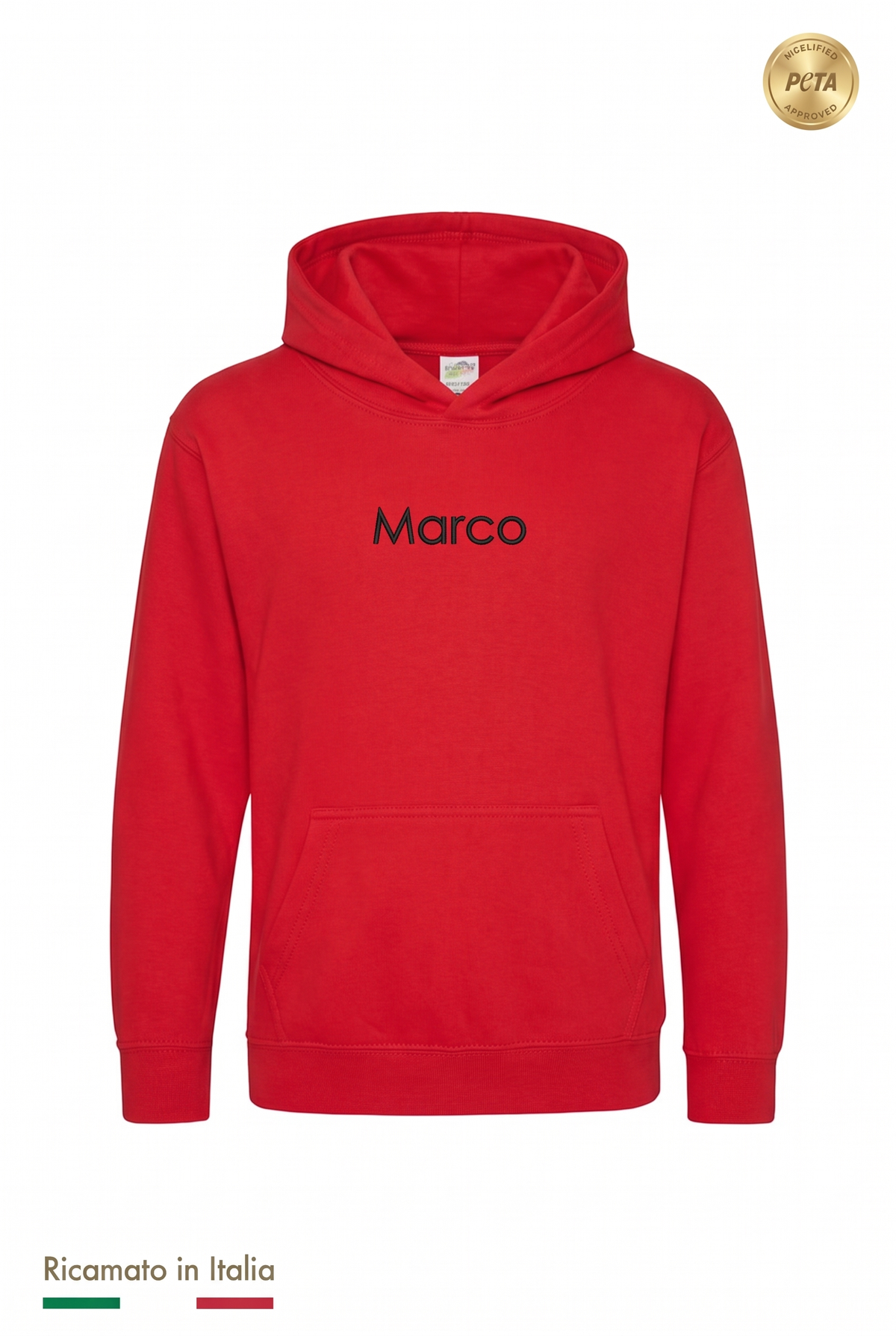 Felpa con cappuccio rossa con il nome Marco ricamato in filo nero