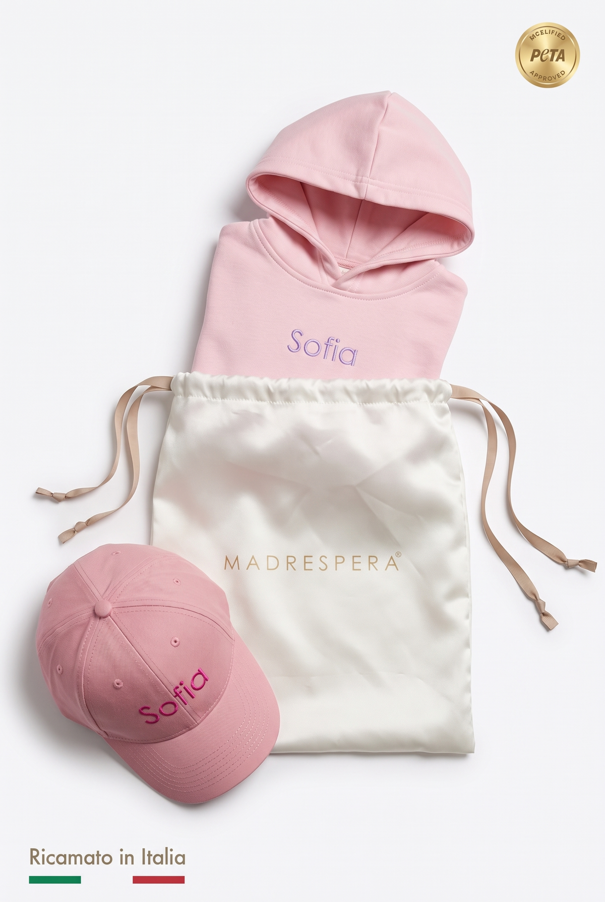 Box MADRESPERA: sacca in raso avorio con logo, felpa con cappuccio rosa e cappellino con il nome Sofia ricamato