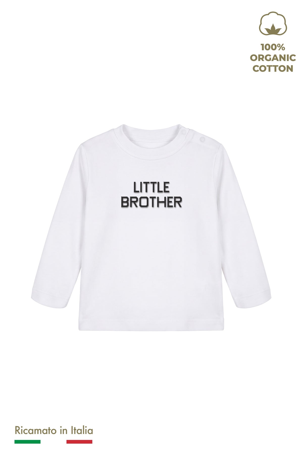 Maglia manica lunga neonato bianca con ricamo nero "LITTLE BROTHER", vista frontale