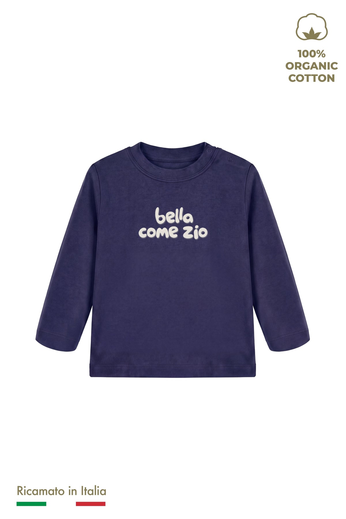 Maglia manica lunga neonata blu navy con ricamo panna "bella come zio", vista frontale
