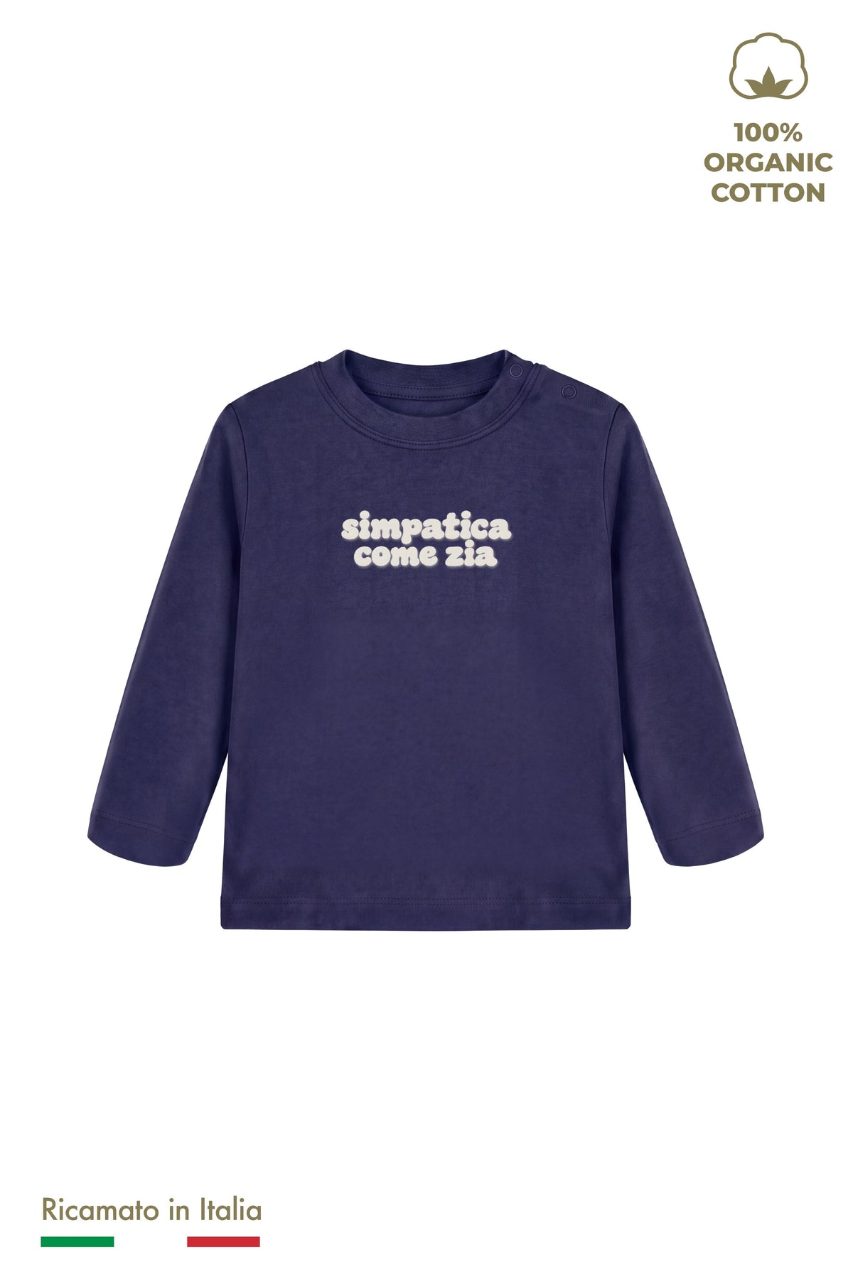 Maglia manica lunga neonata blu navy con ricamo panna "simpatica come zia", vista frontale