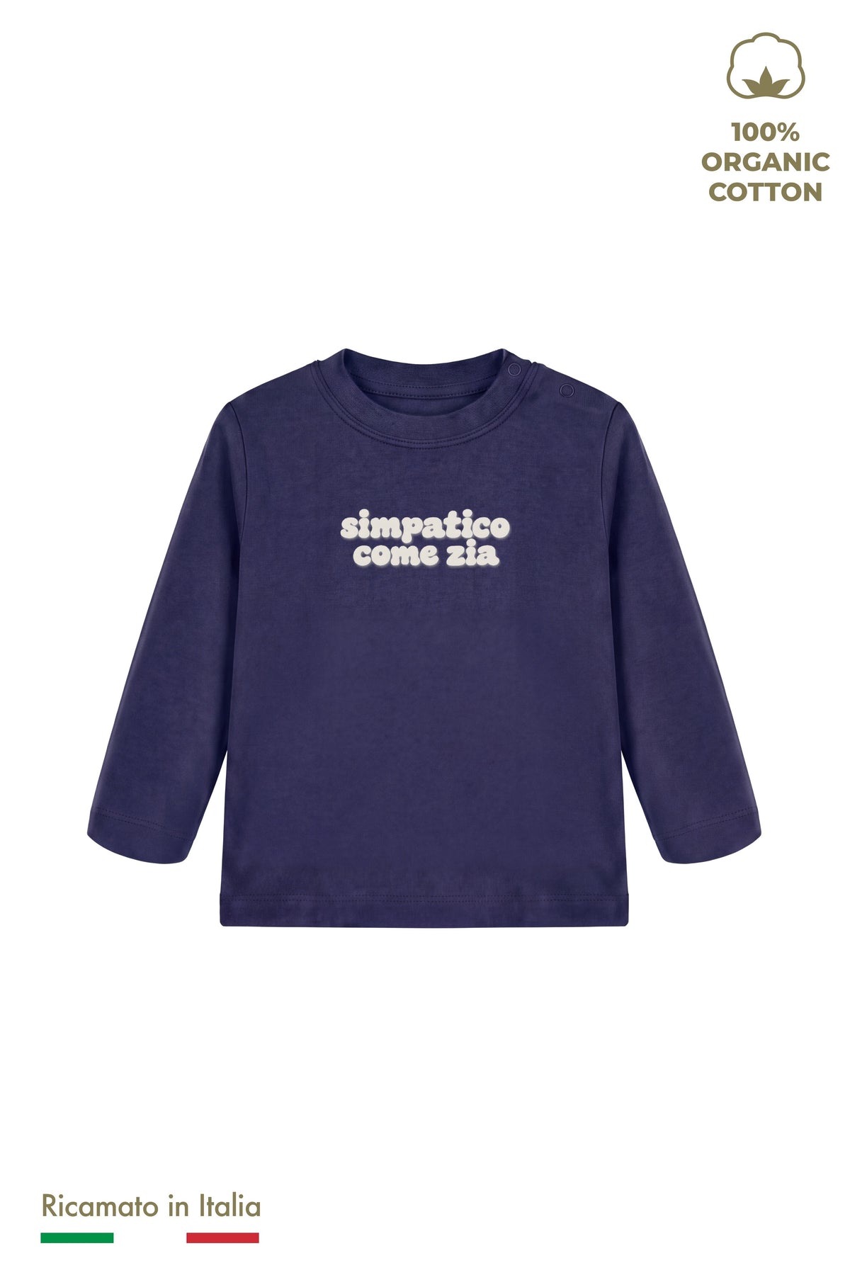 Maglia manica lunga neonato blu navy con ricamo panna "simpatico come zia", vista frontale