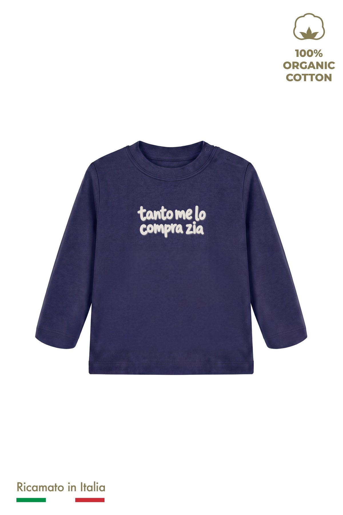 Maglia manica lunga neonato blu navy con ricamo panna "tanto me lo compra zia", vista frontale
