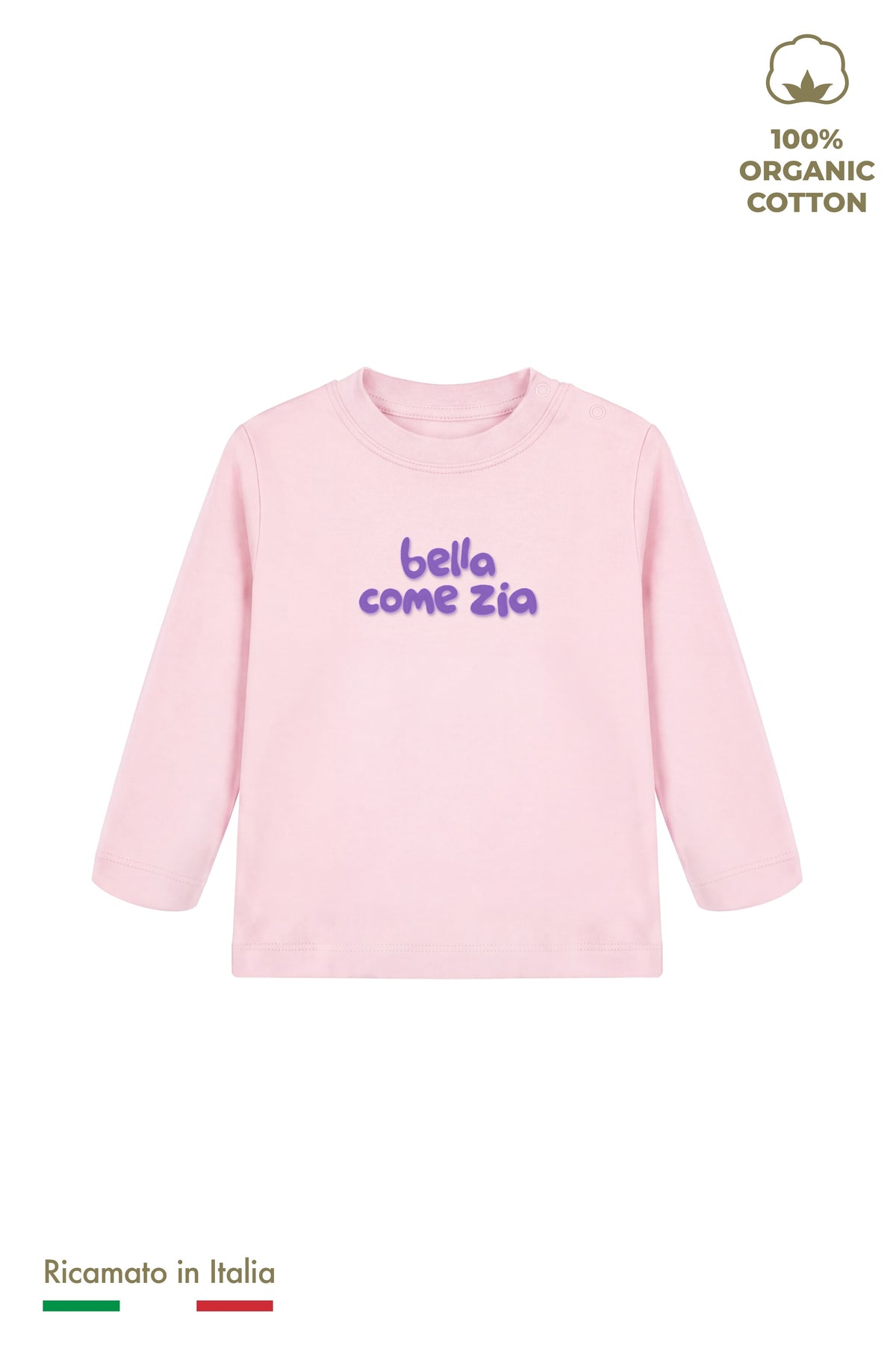 Maglia manica lunga neonata rosa con ricamo lilla "bella come zia", vista frontale