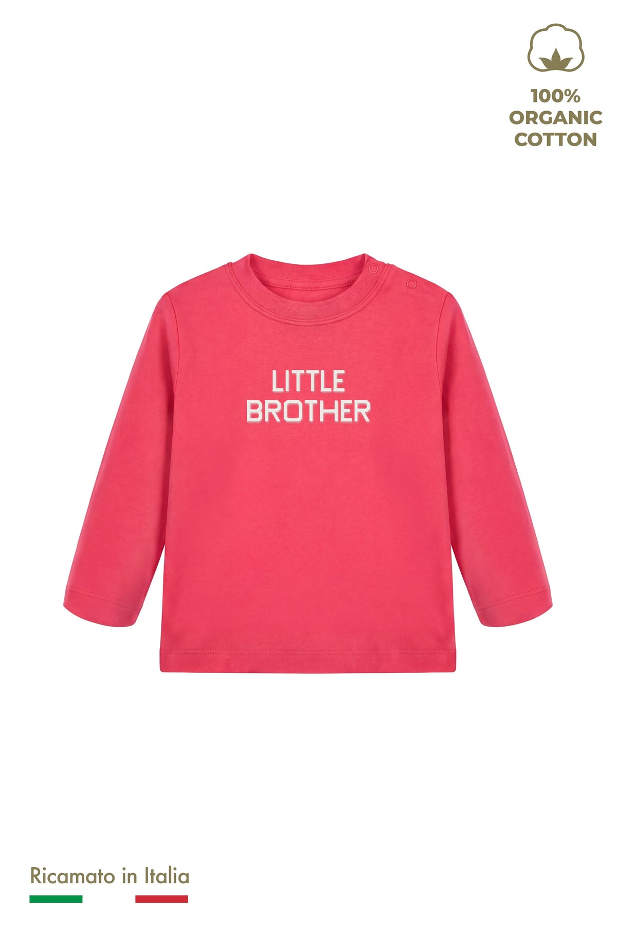 Maglia manica lunga neonato rossa con ricamo bianco "LITTLE BROTHER", vista frontale