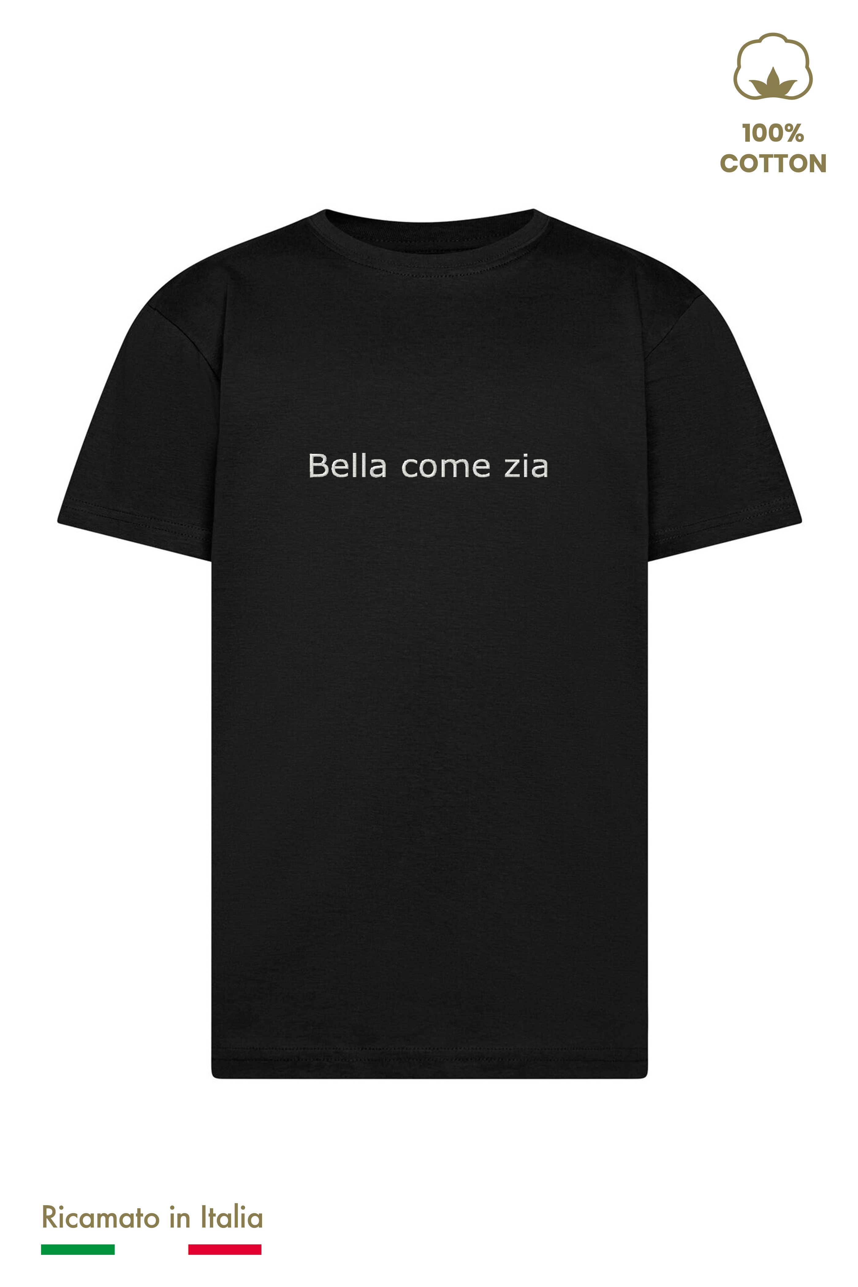 T-shirt bambina nera con ricamo bianco "Bella come zia", 100% cotone, vista frontale