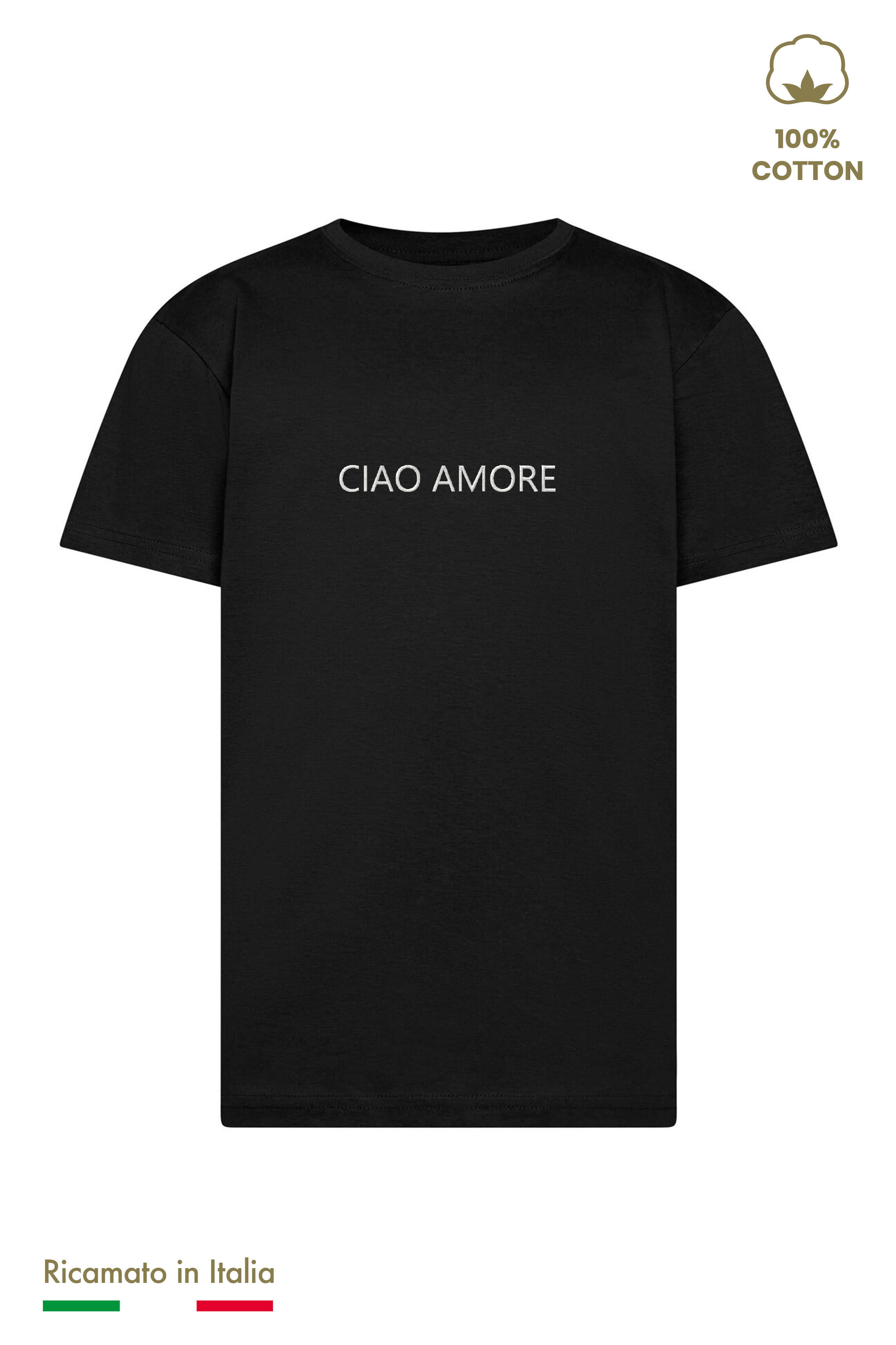 T-shirt ricamata bambino nera con scritta Ciao Amore ricamata in filo panna, vista frontale