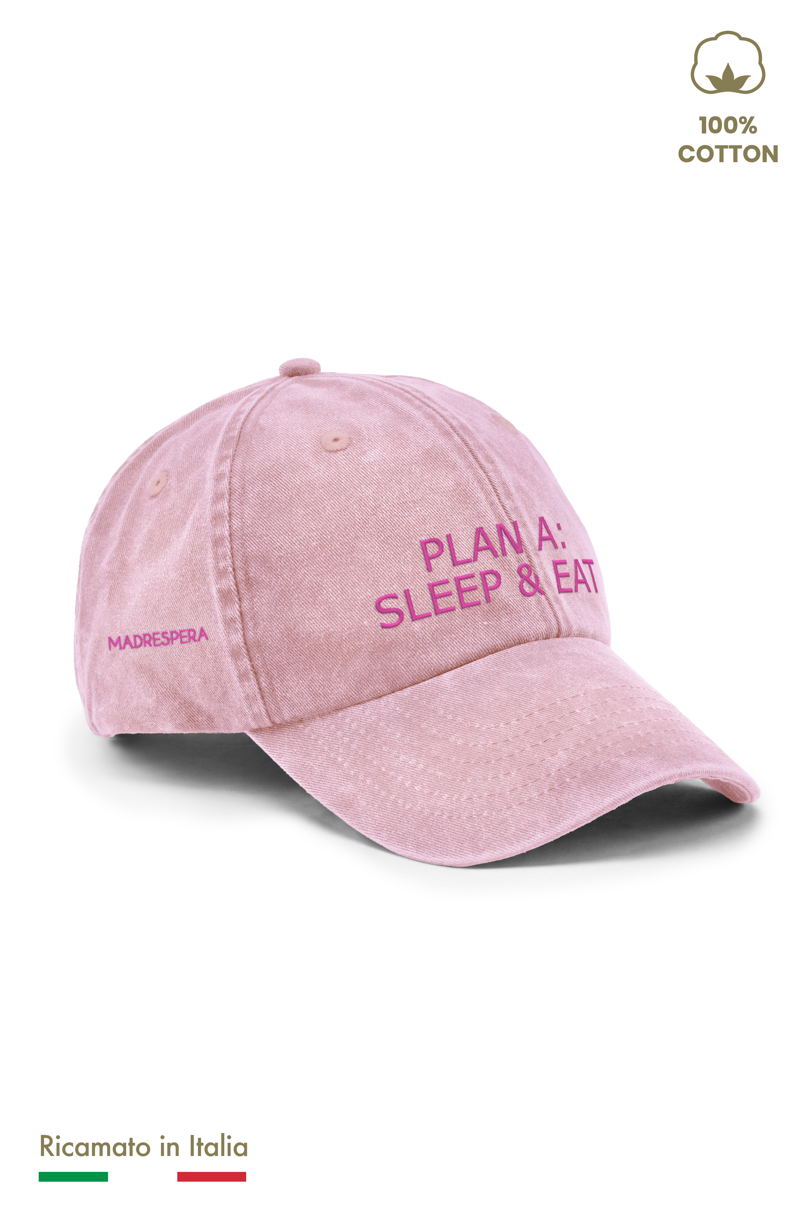 Cappellino vintage rosa con logo MADRESPERA ricamato sul lato