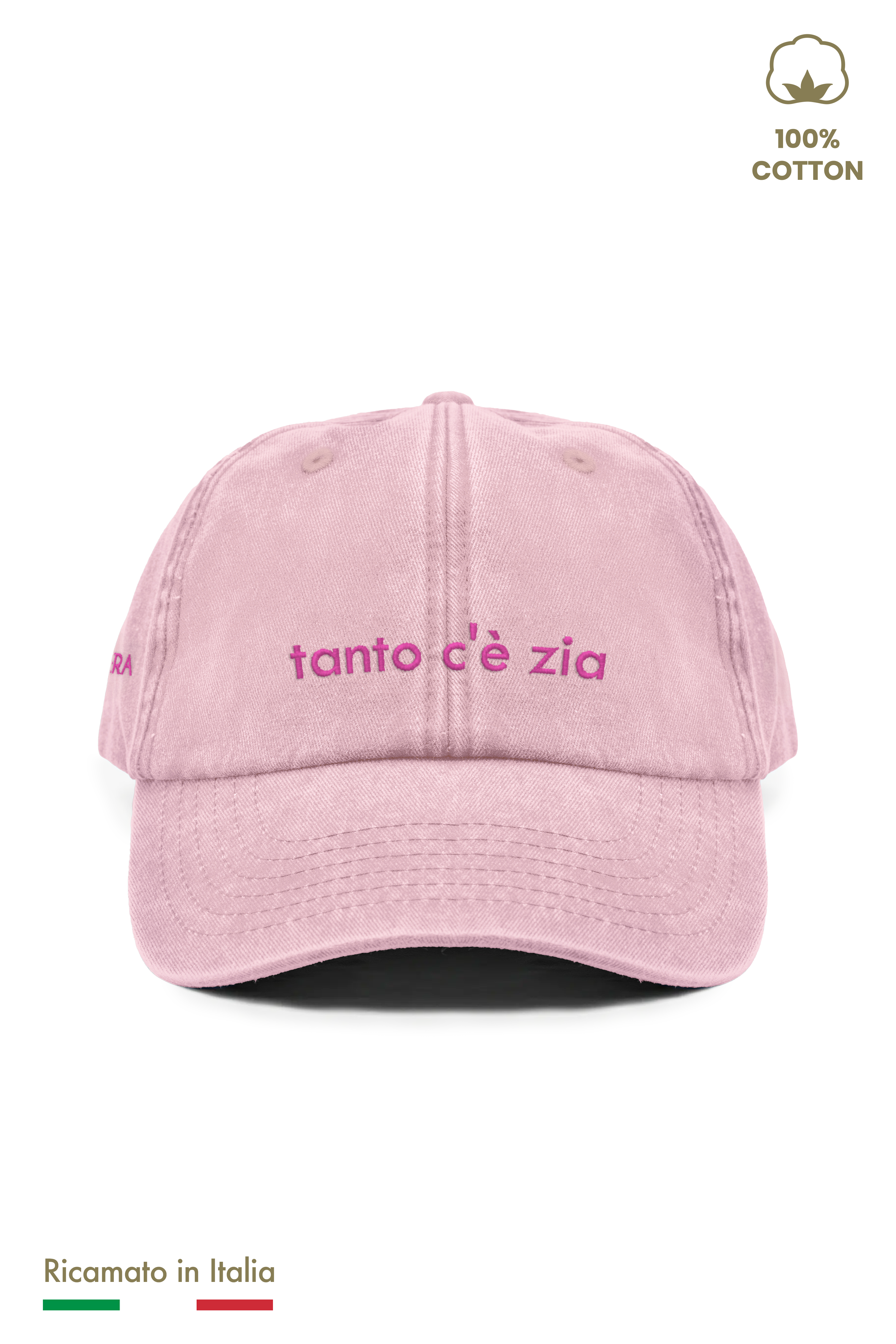 Cappellino ricamato bambina vintage rosa con scritta tanto c'è zia, vista frontale