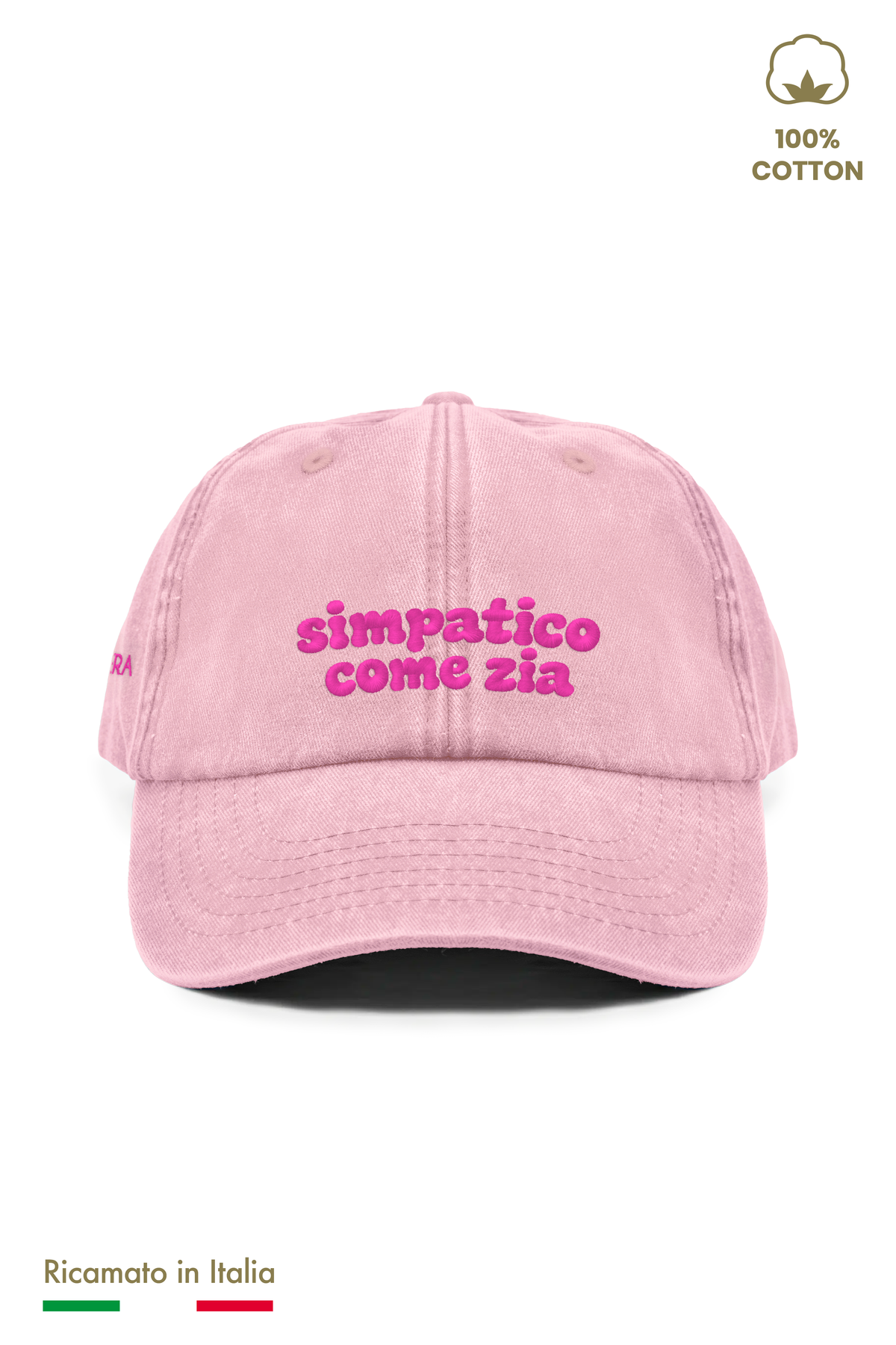 Cappellino vintage bambino rosa con ricamo fucsia "simpatico come zia" - vista frontale