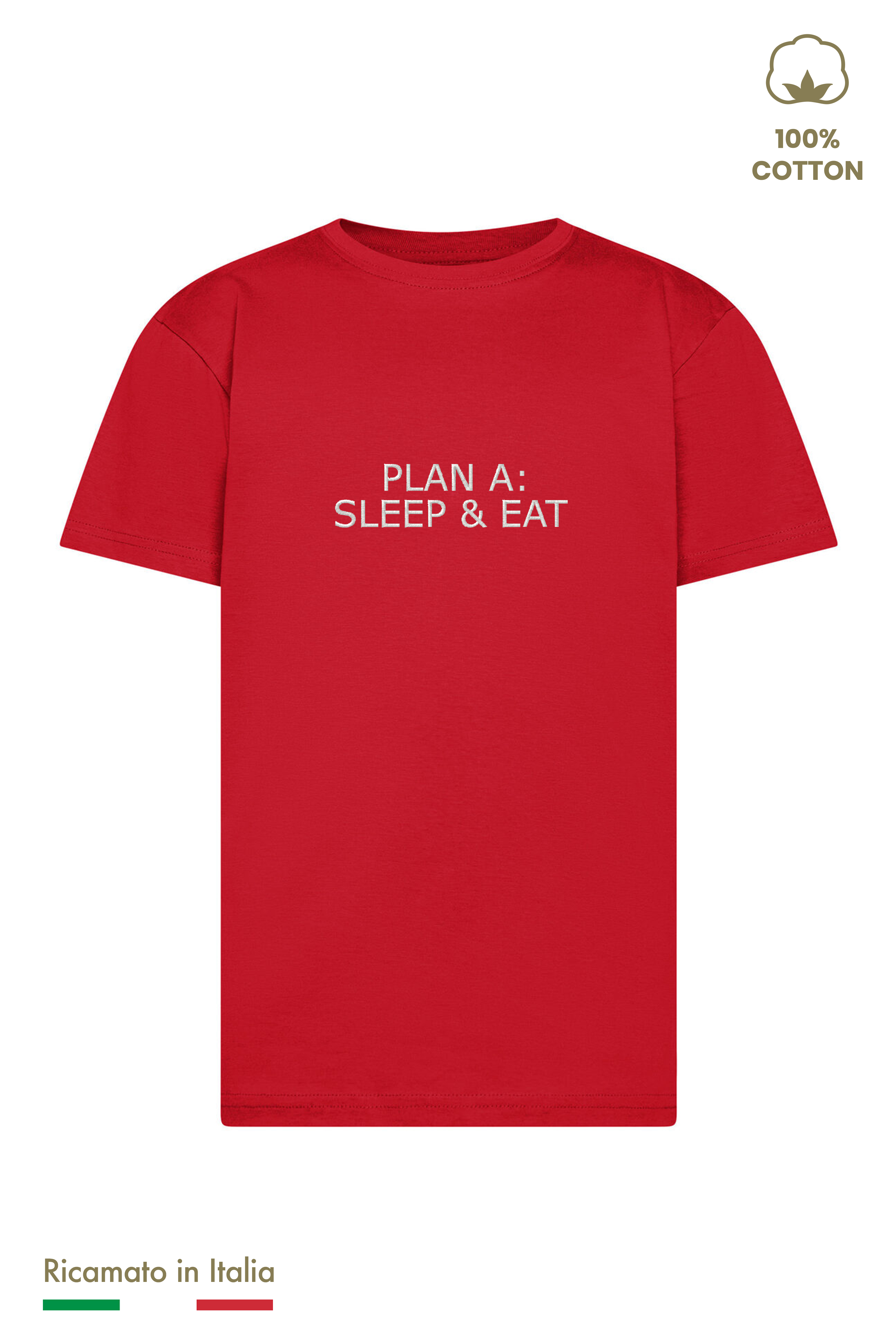 T-shirt bambino rossa con ricamo Plan A: Sleep & Eat in filo panna