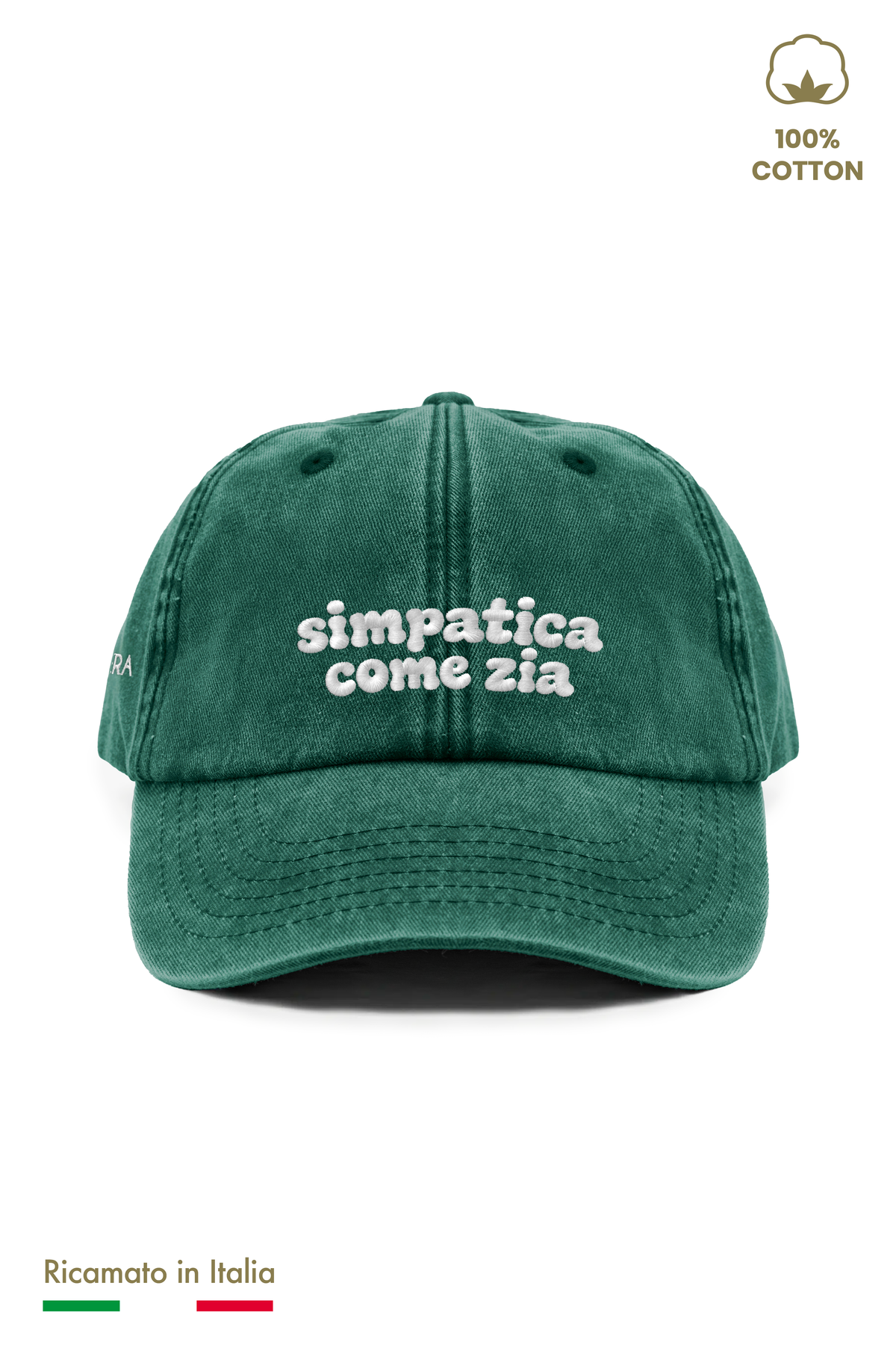 Cappellino vintage bambina verde con ricamo panna "simpatica come zia" - vista frontale