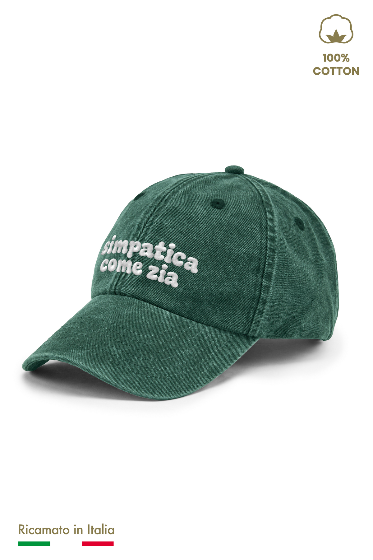 Cappellino vintage bambina verde con ricamo panna "simpatica come zio" - vista laterale