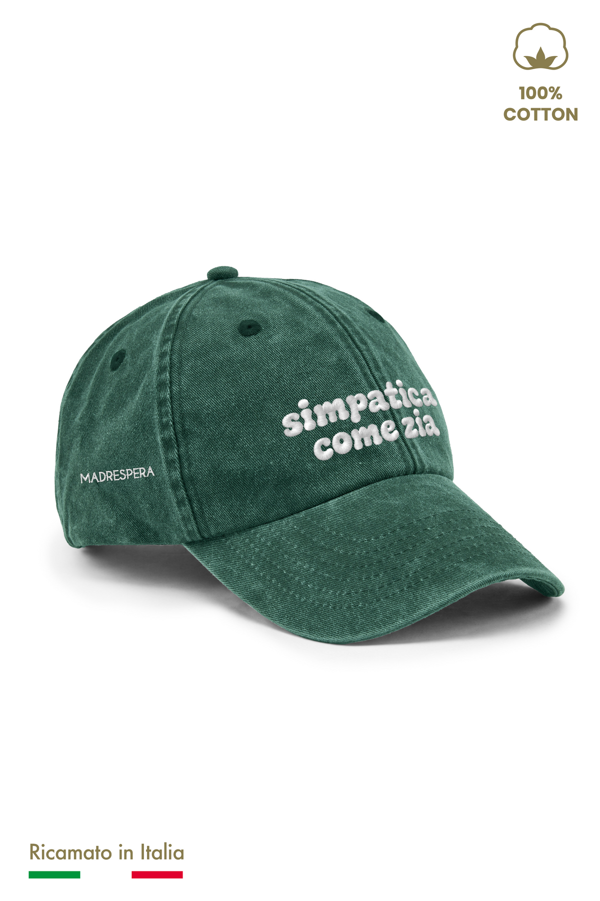 Cappellino vintage bambina verde con ricamo panna "simpatica come zio" - vista laterale con logo MADRESPERA