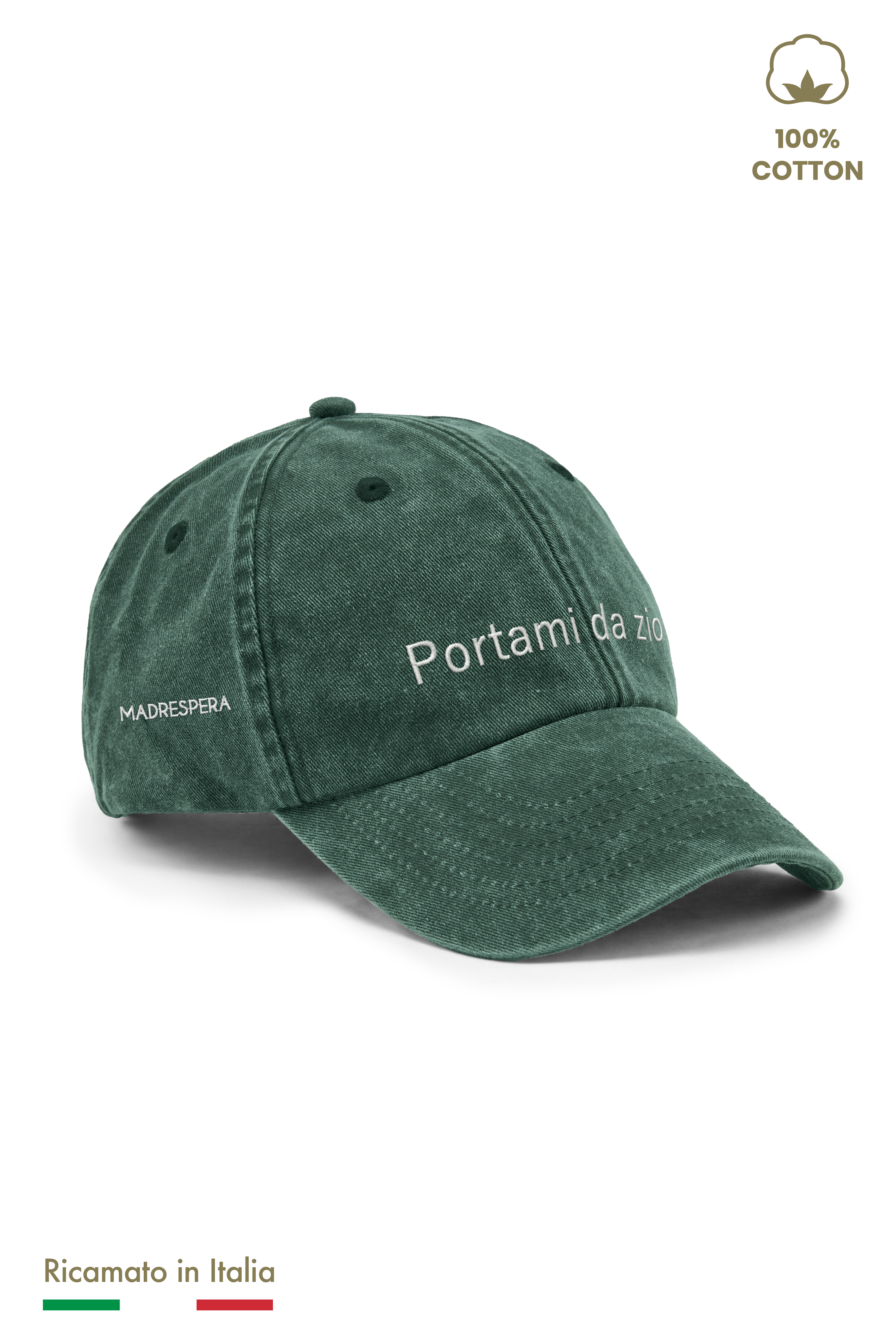 Cappellino ricamato bambino vintage verde Portami da zio, vista tre quarti con logo MADRESPERA