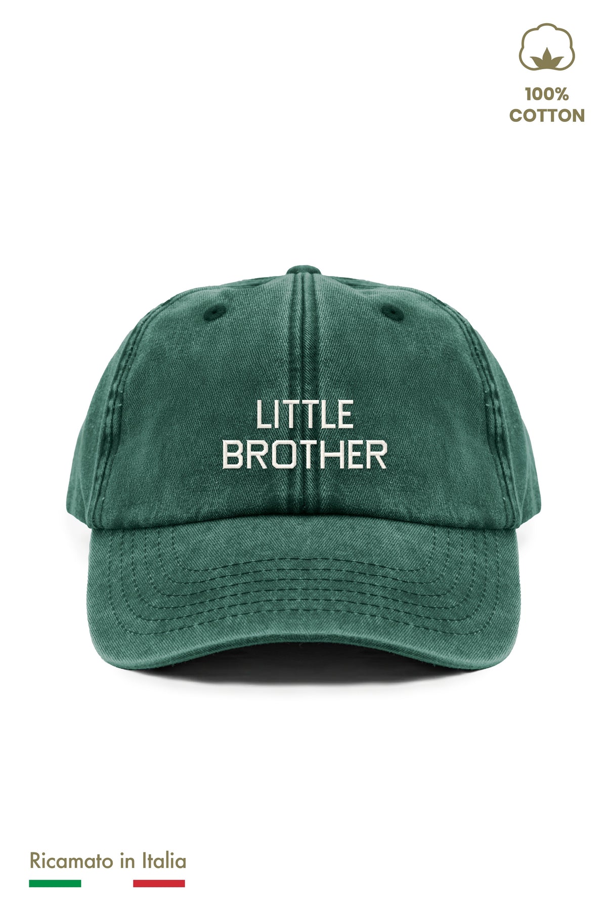 Cappellino vintage bambino verde con ricamo LITTLE BROTHER panna, vista frontale