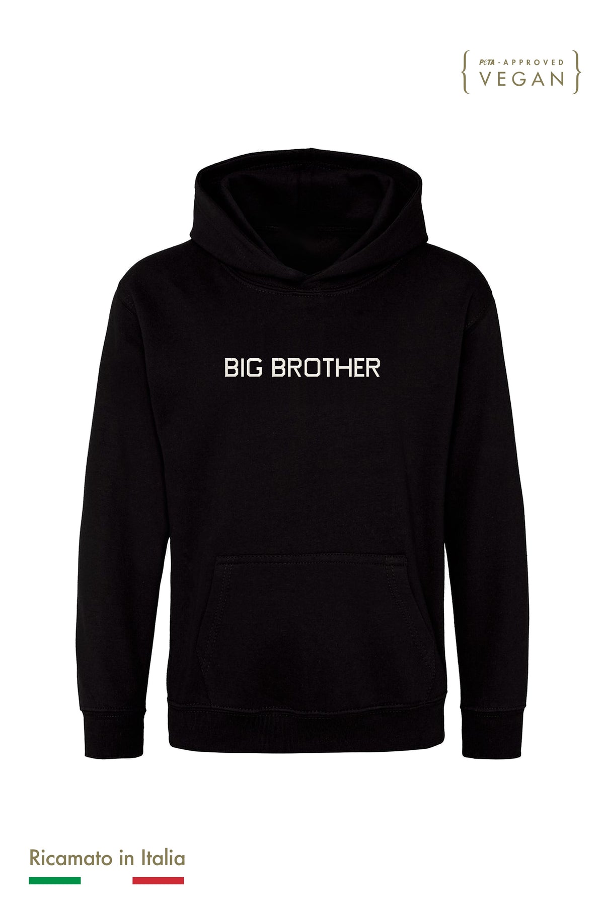 Felpa con cappuccio bambino nera con ricamo BIG BROTHER panna, vista frontale