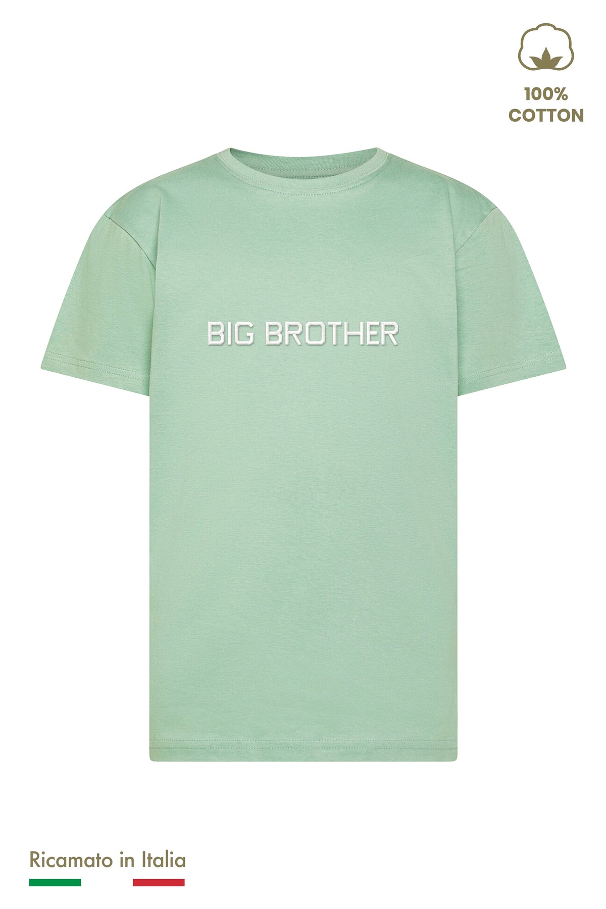 T-shirt bambino verde salvia con ricamo BIG BROTHER bianco, vista frontale