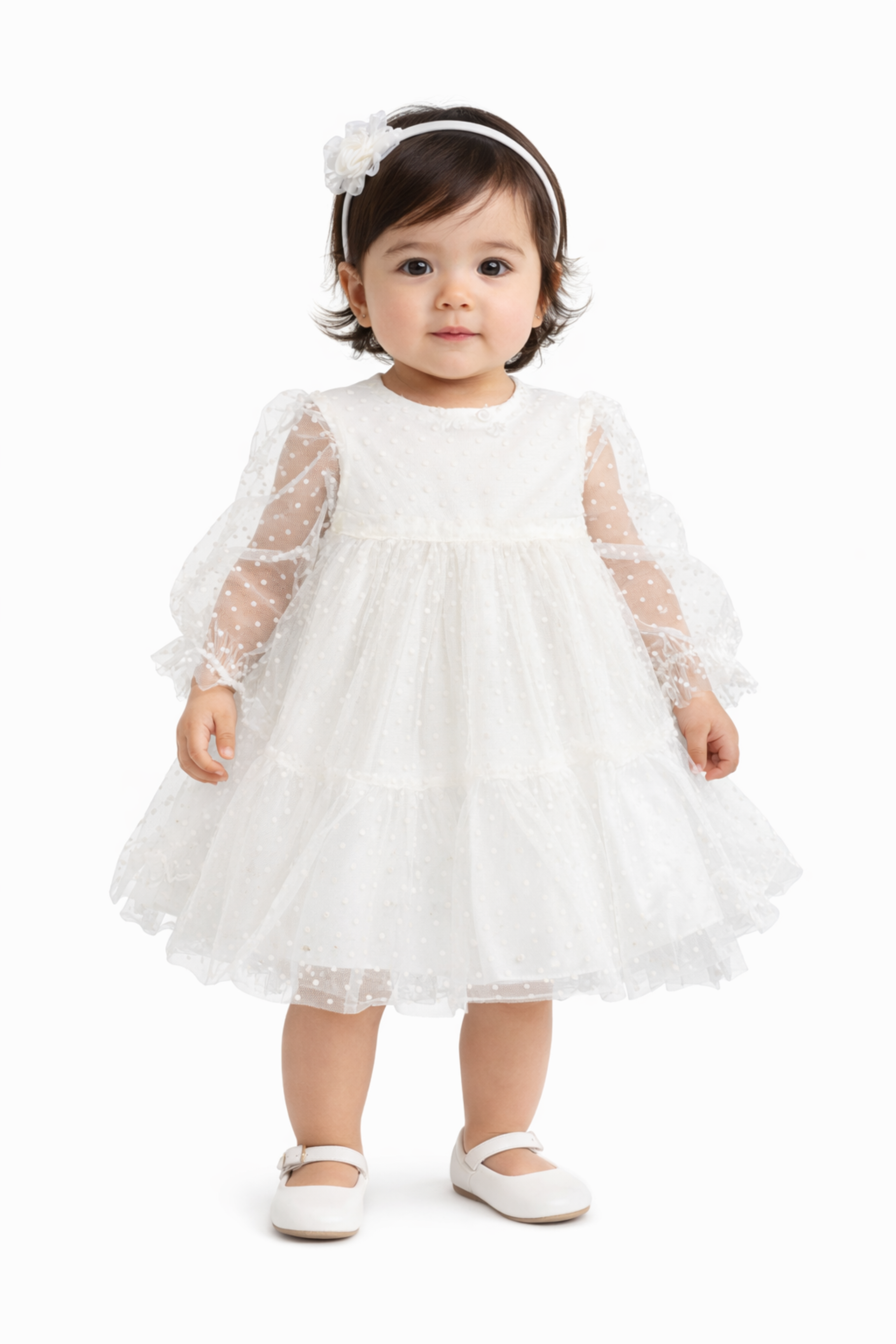 Abito Neonata Tulle Pois Bianco