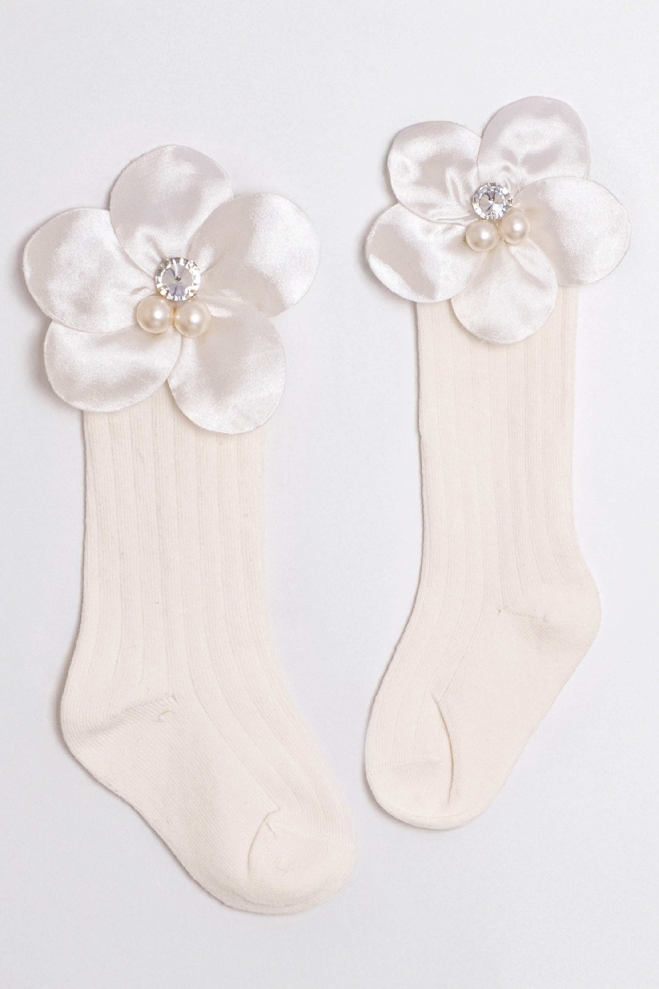 Calzini Alti Neonata Fiore Raso Perla