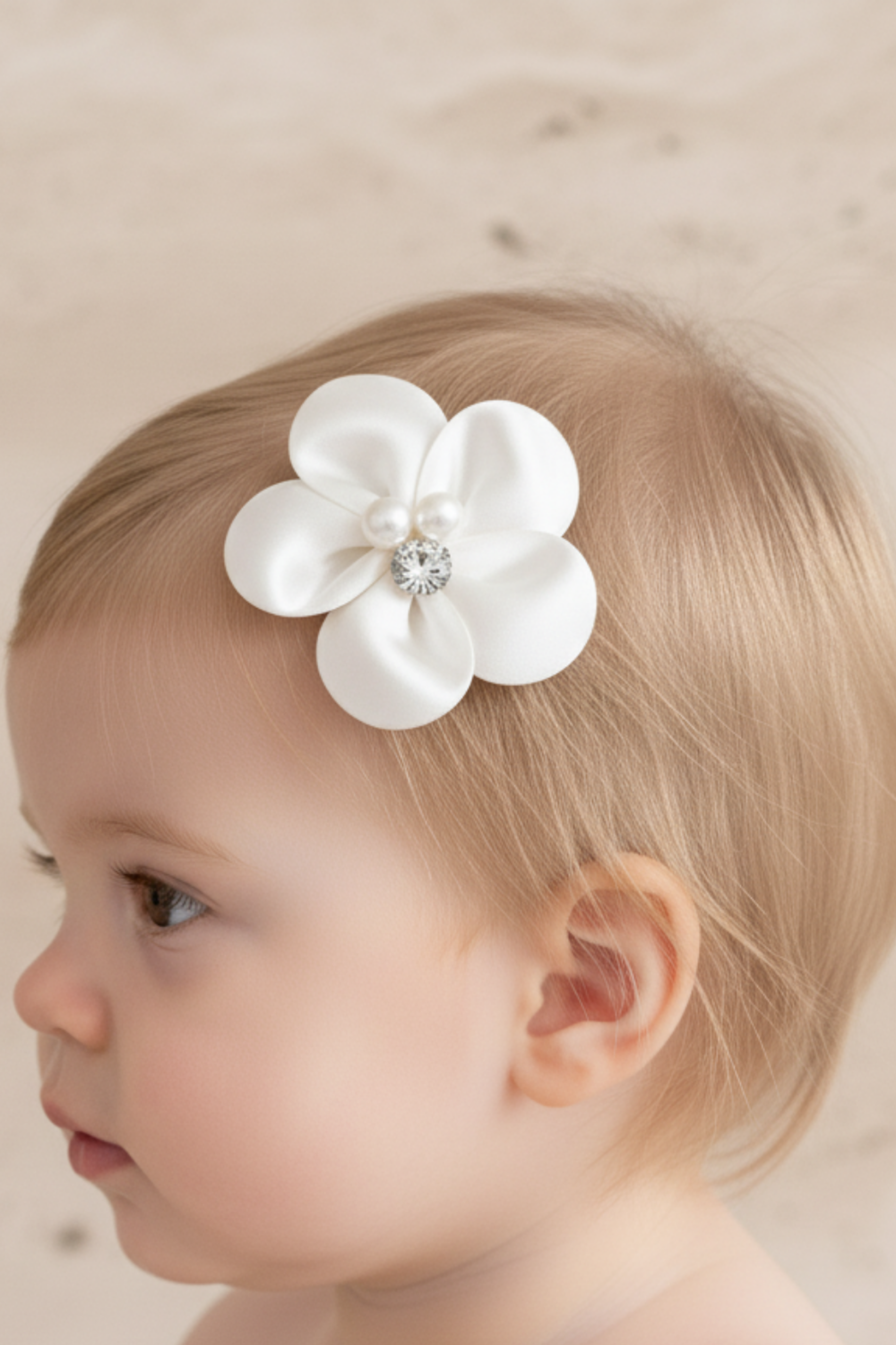 Fermaglio Neonata Fiore Raso Perla
