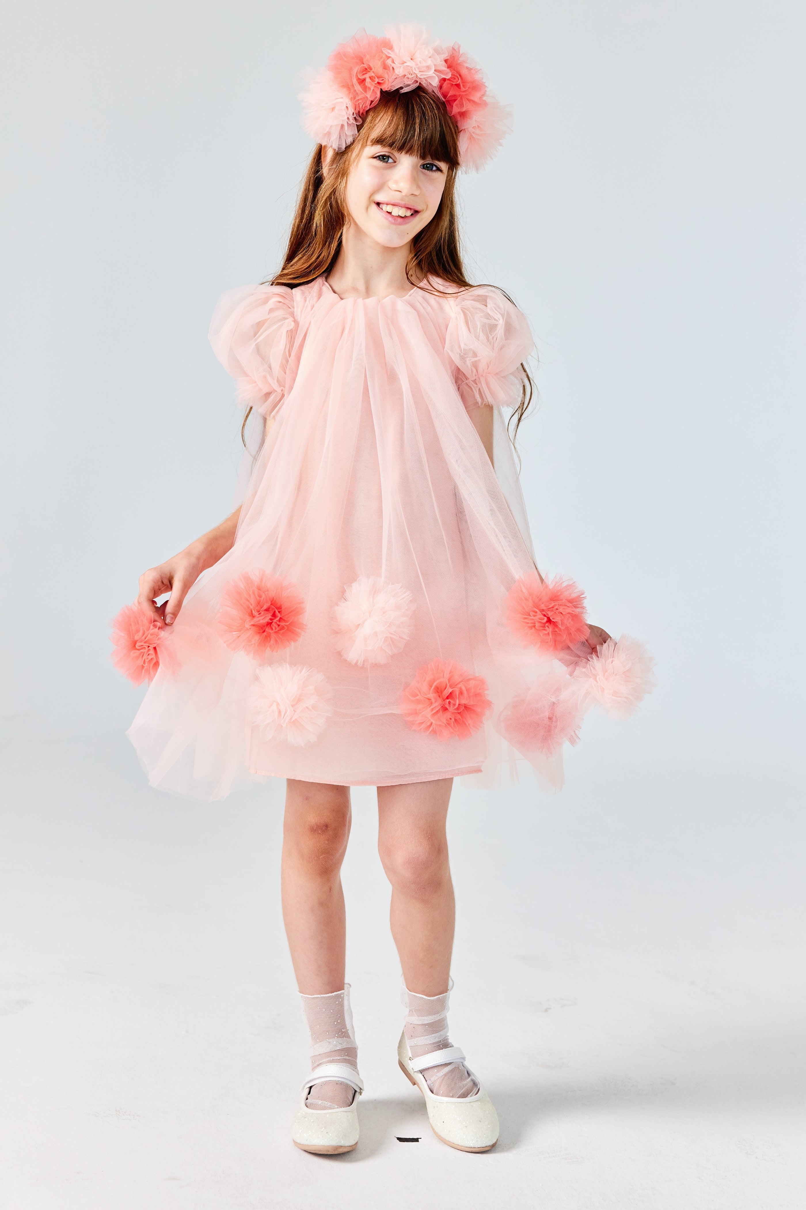 Abito Nude Bambina Tulle Pom Pom
