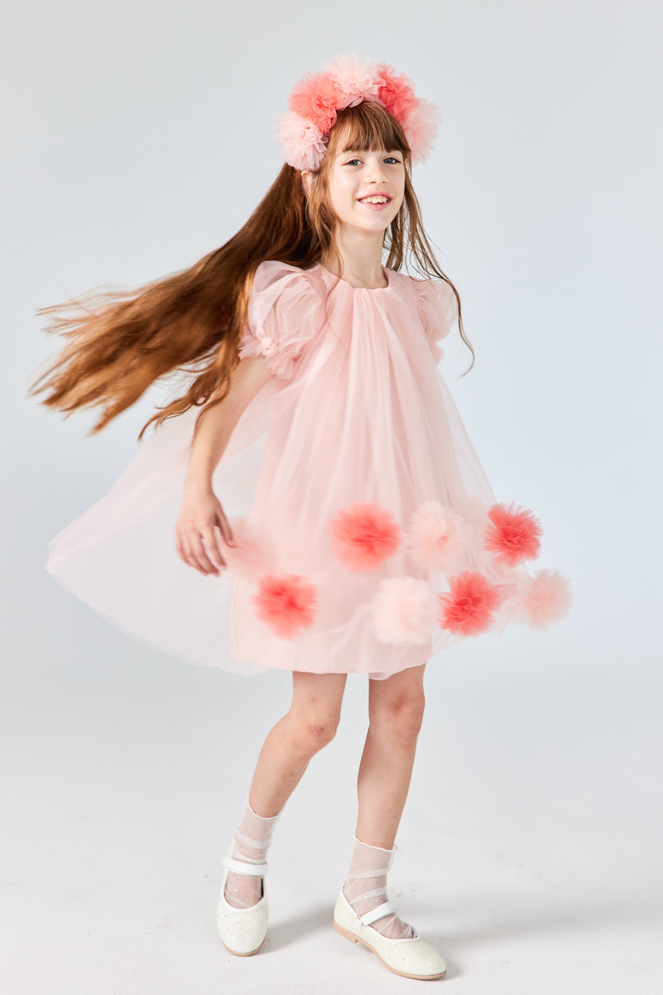 Abito Nude Bambina Tulle Pom Pom