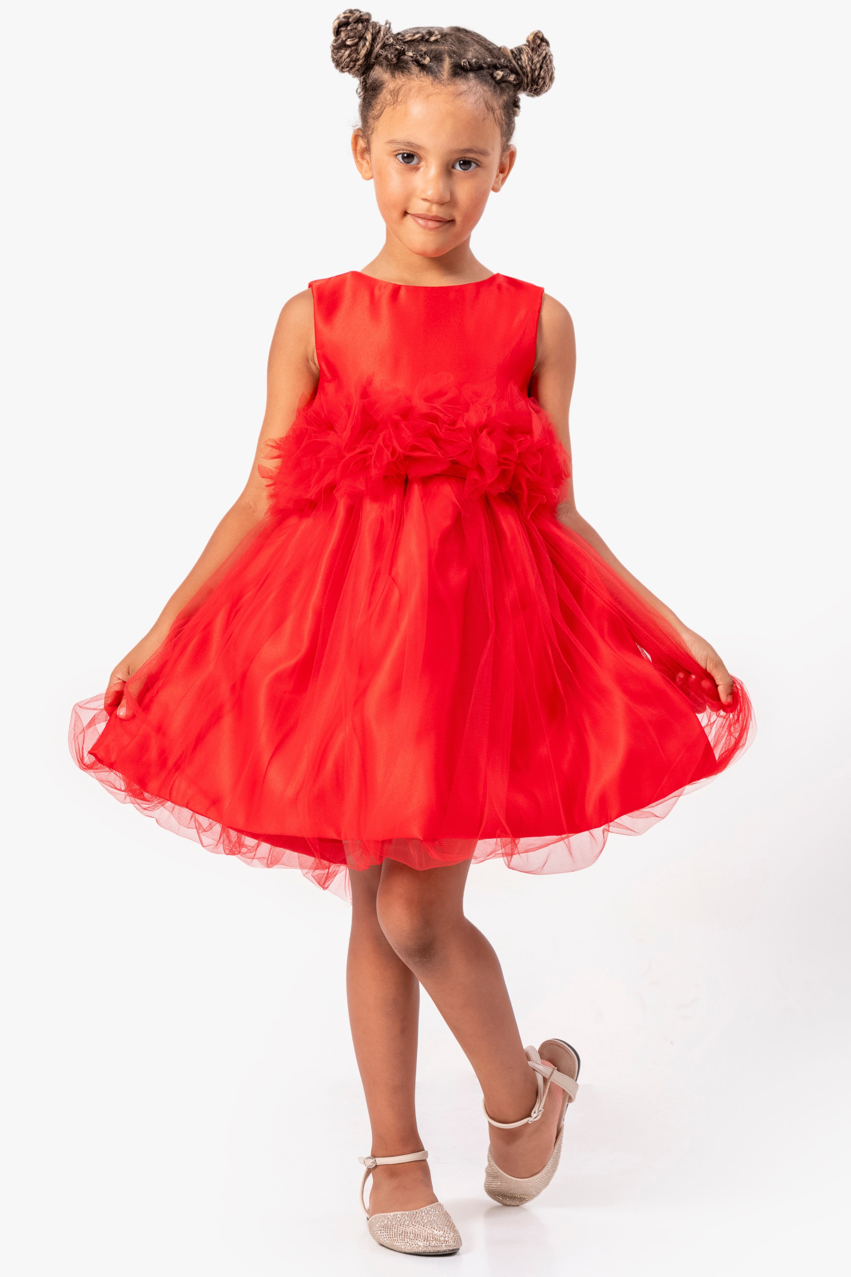 Abito Rosso Bambina Tulle e Fiori