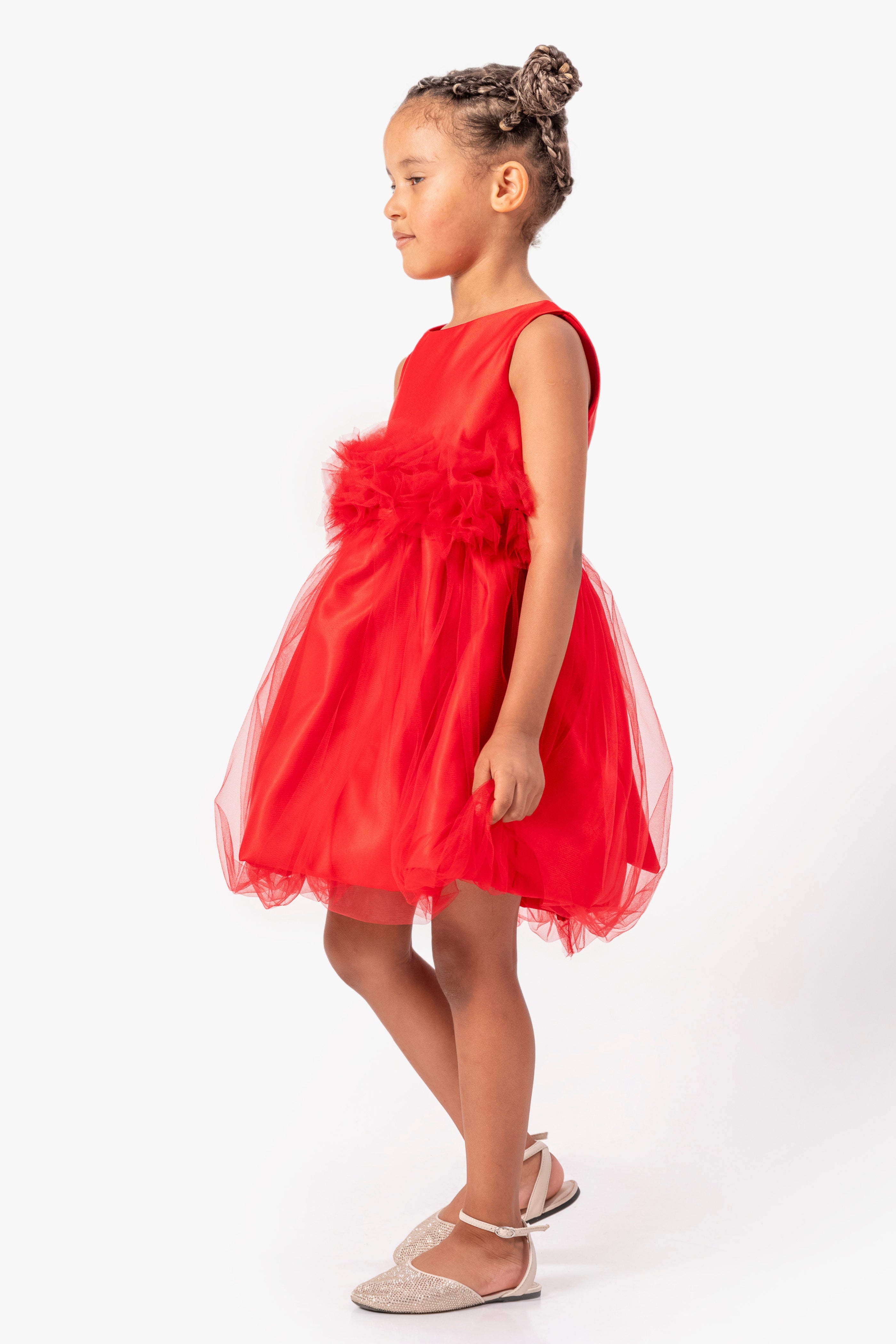 Abito Rosso Bambina Tulle e Fiori