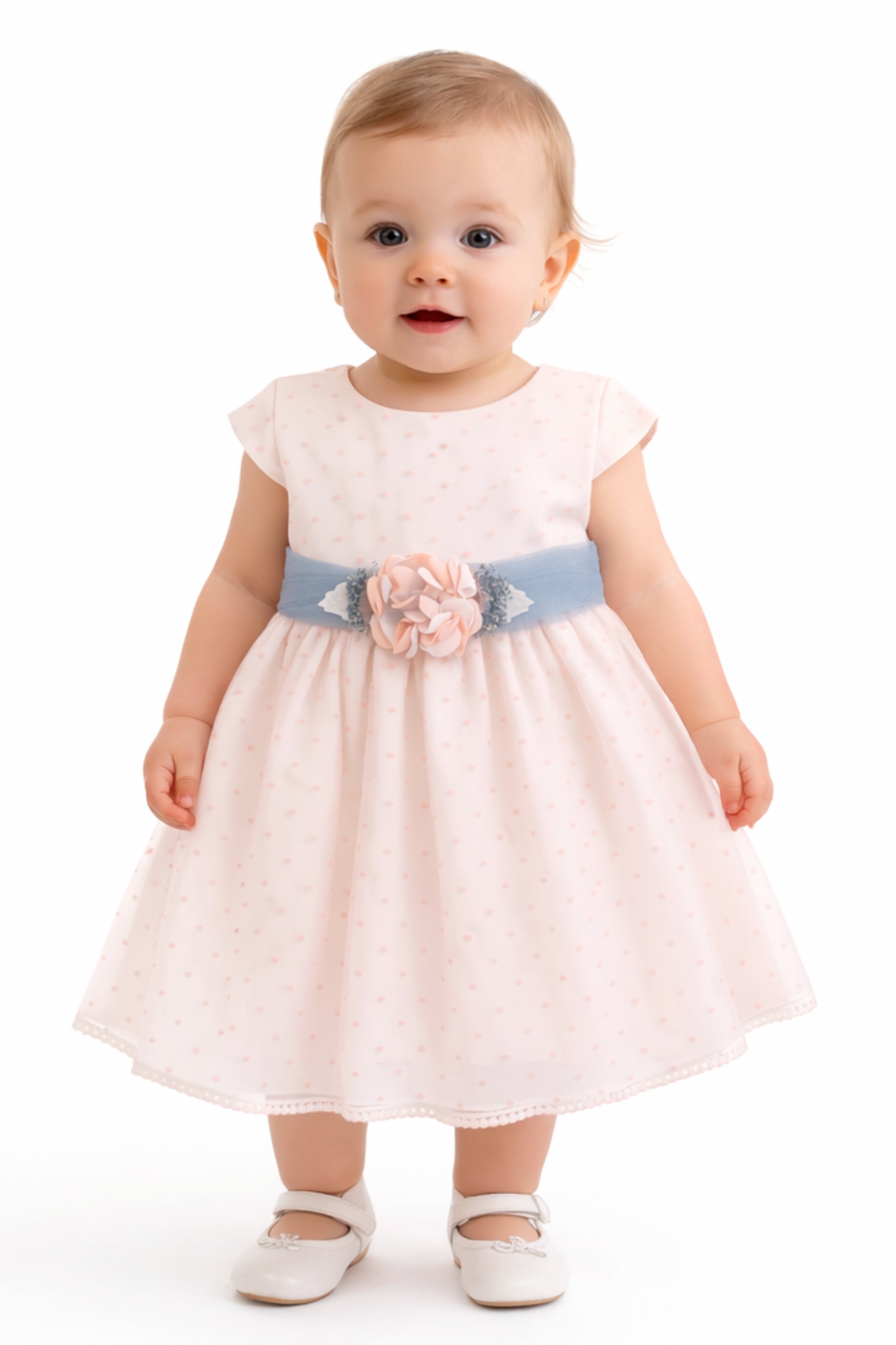 Abito Battesimo Neonata Pois Rosa e Polvere