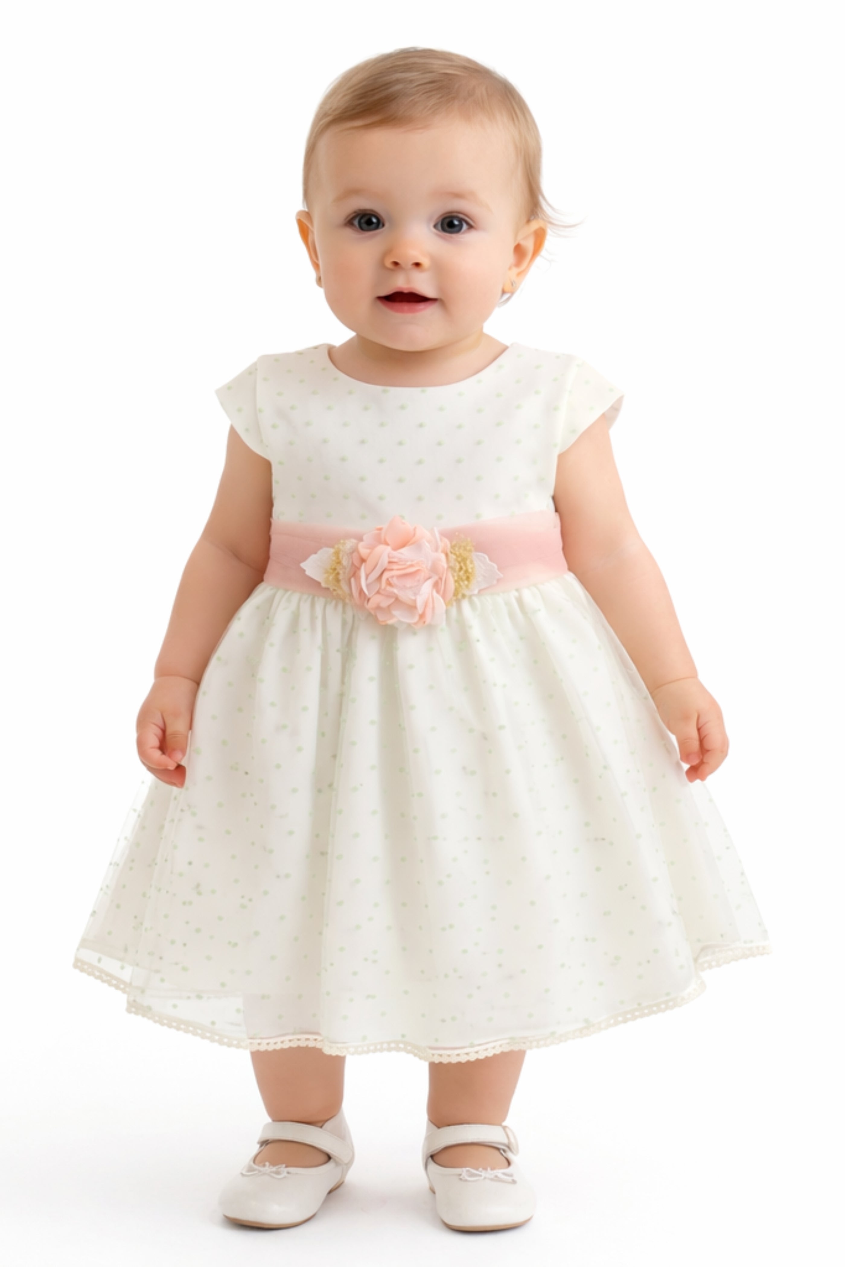 Abito Battesimo Neonata Pois Verde Salvia