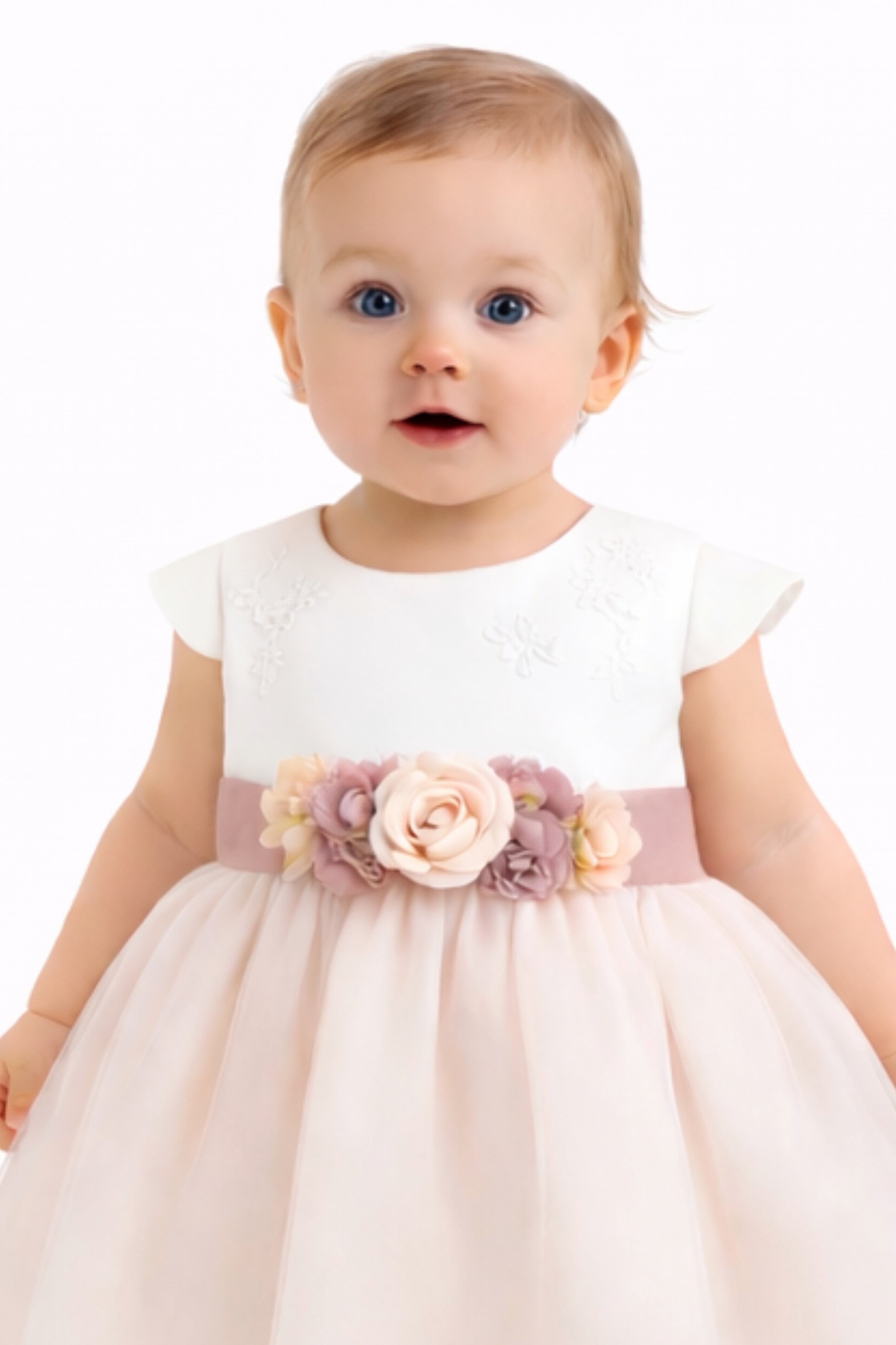 Abito Battesimo Neonata Rosa Ricami Fiori
