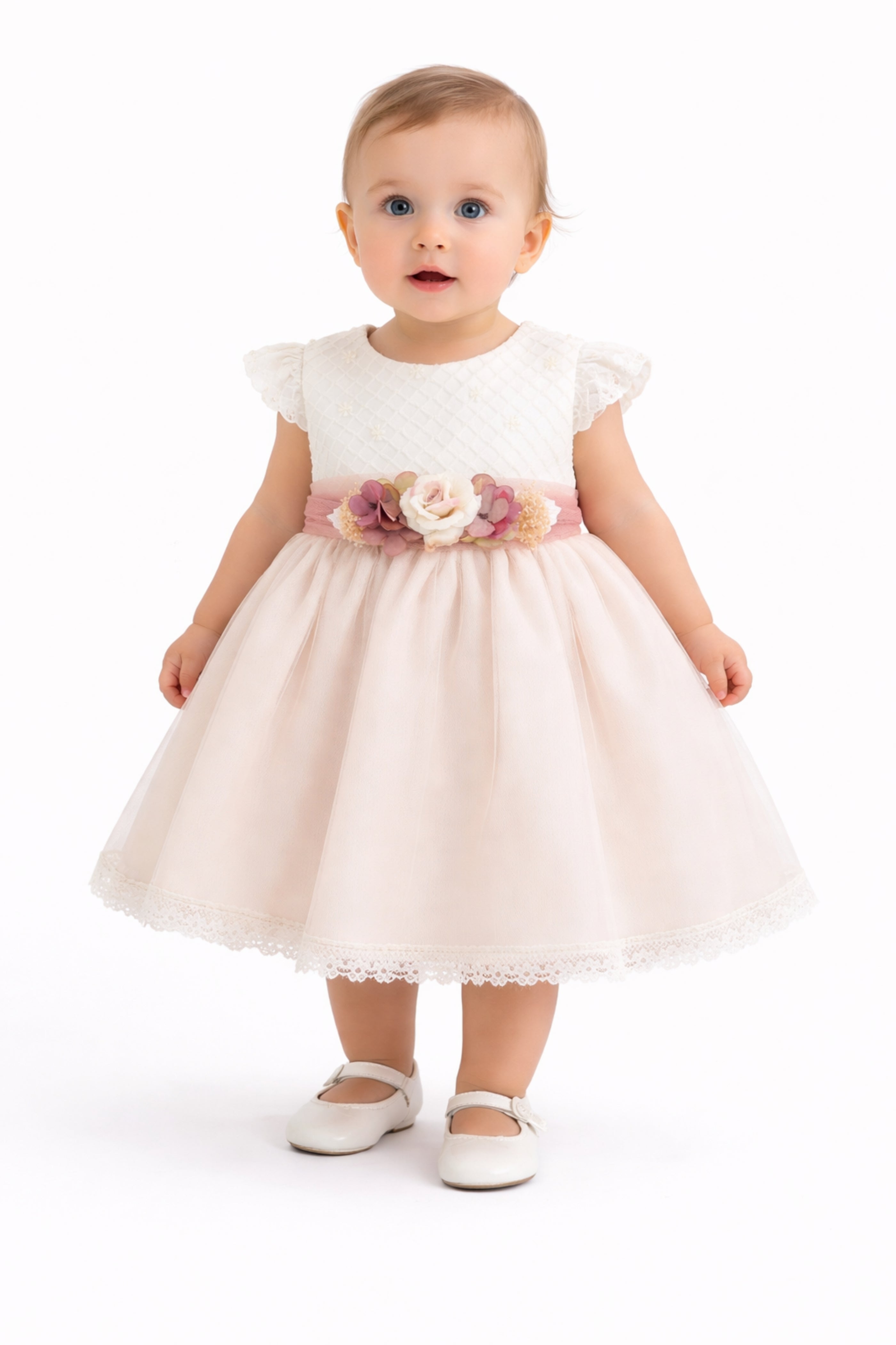 Abito Battesimo Bambina Rosa Ricami Rombi