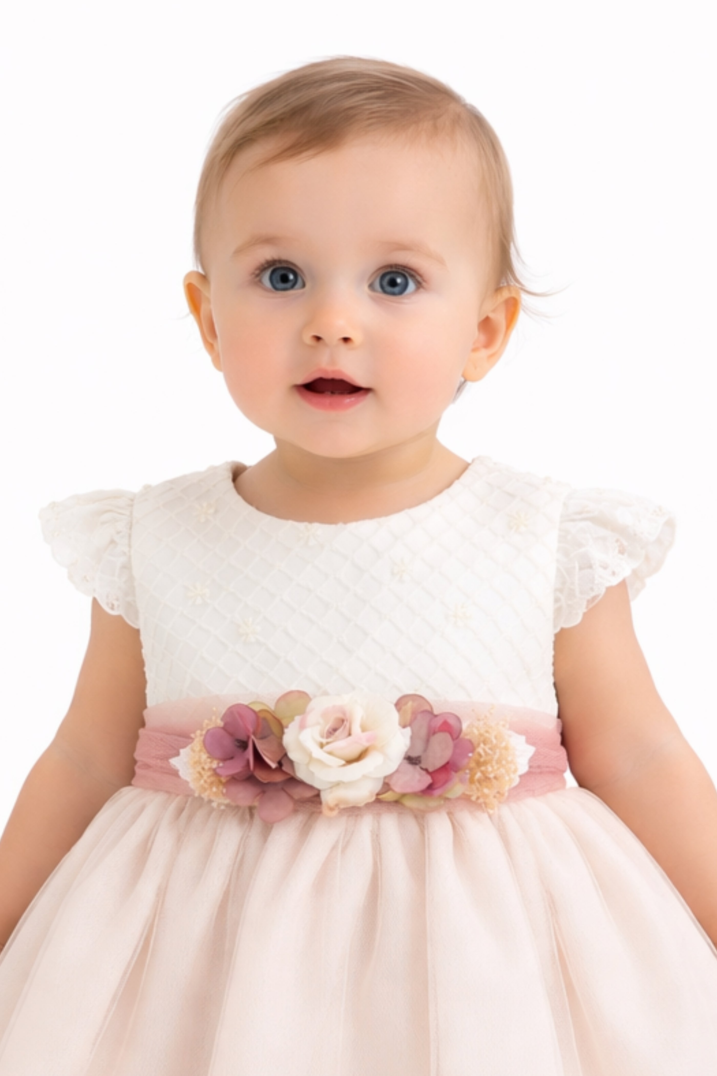 Abito Battesimo Bambina Rosa Ricami Rombi